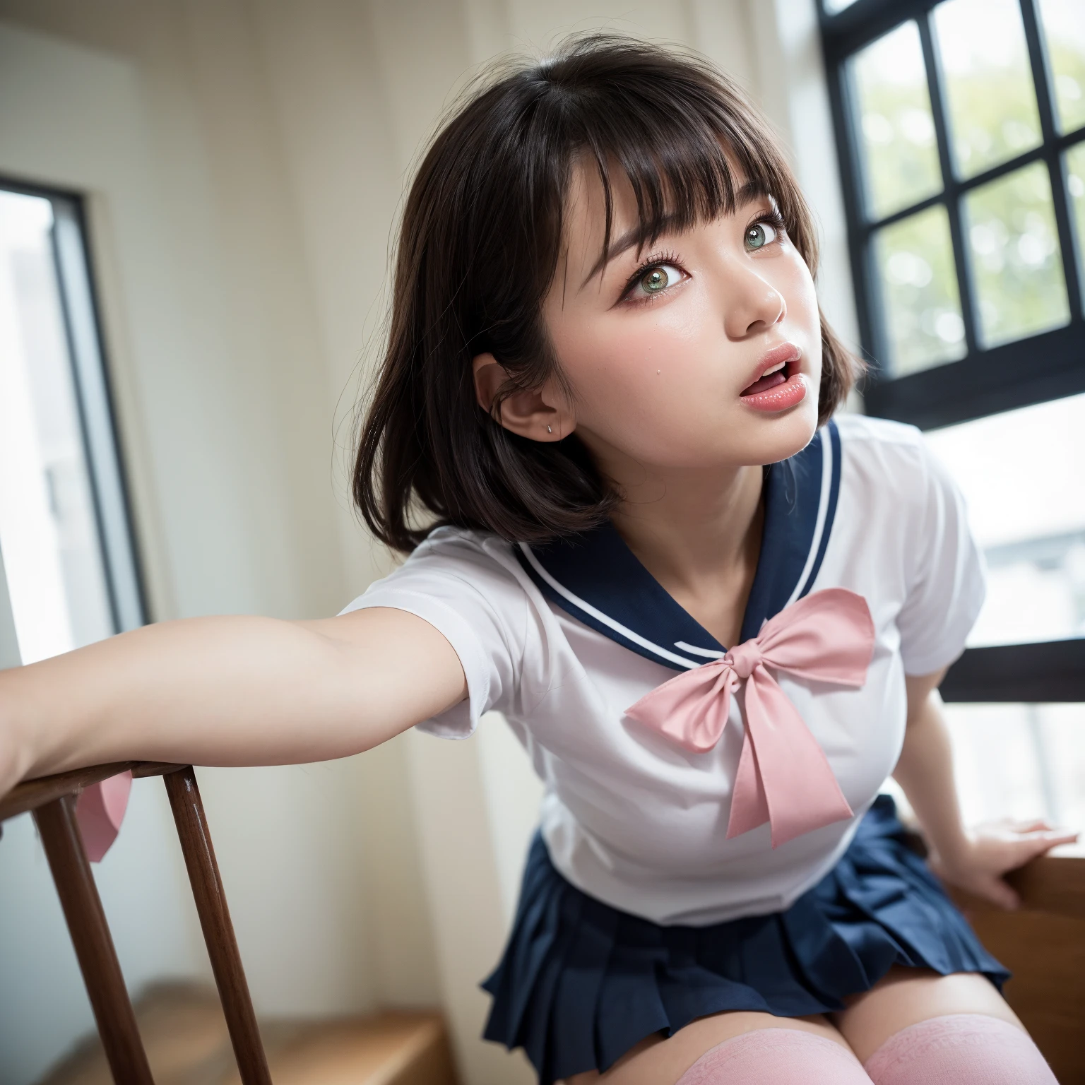 best quality, table top, Shi Elf 2, ,sit,(Showing some pink panties.), High school girl, beautiful girl, Tall in a sailor suit, pleated skirt, The shirt opened.,Medium breasts,High quality pixie cut, Beautiful eyes of light brown color, ((Posing for pictures)), looking at camera, Taken from below..,