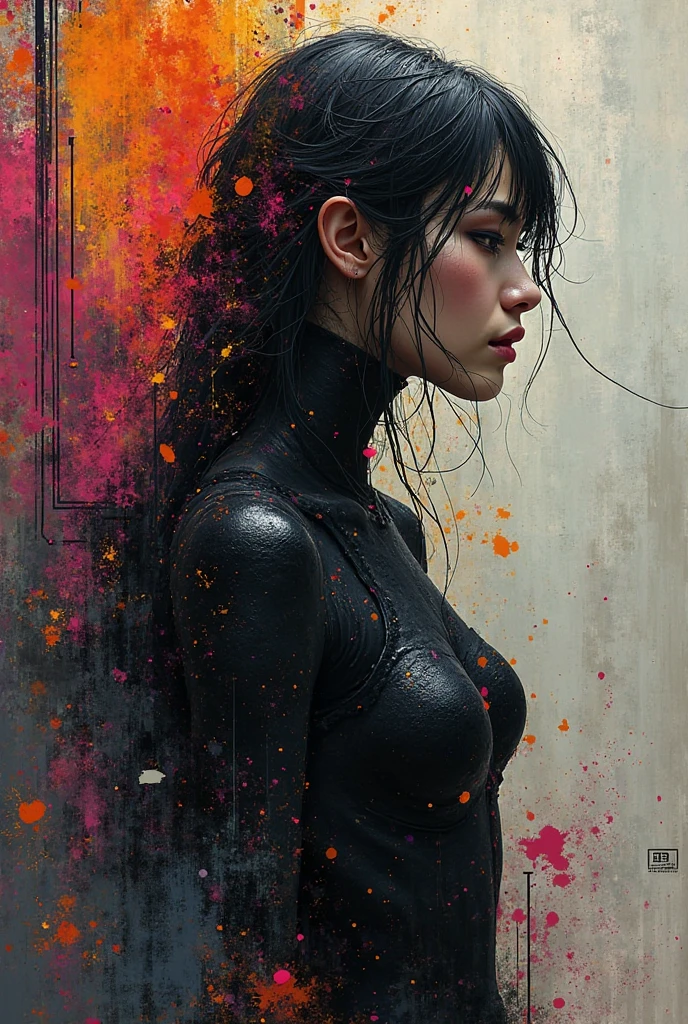 (cyborg woman) bold, menacing look. “It’s a full-length shot, from head to toe, full-length. Wide field of view, centered, frameless” full-length view.  Best quality. visual fashion, gothic. Yoshitaka Amano, Quentin Mutch, colorful fog. Hannah's daughter, fantasy art, megapixels, 8k hdr resolution; Volumetric lighting", surreal hallucination, Intricate detail, Sharp focus, Wind, cherry petals, Fujifilm, bokeh.
