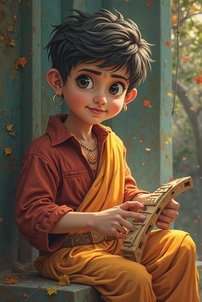 Celebrate janmastmi by boy 
Anjaney written on his tshirt
boy age 20 A statue of little krishna in his hand
his hair like virat kohli boy sit on swing