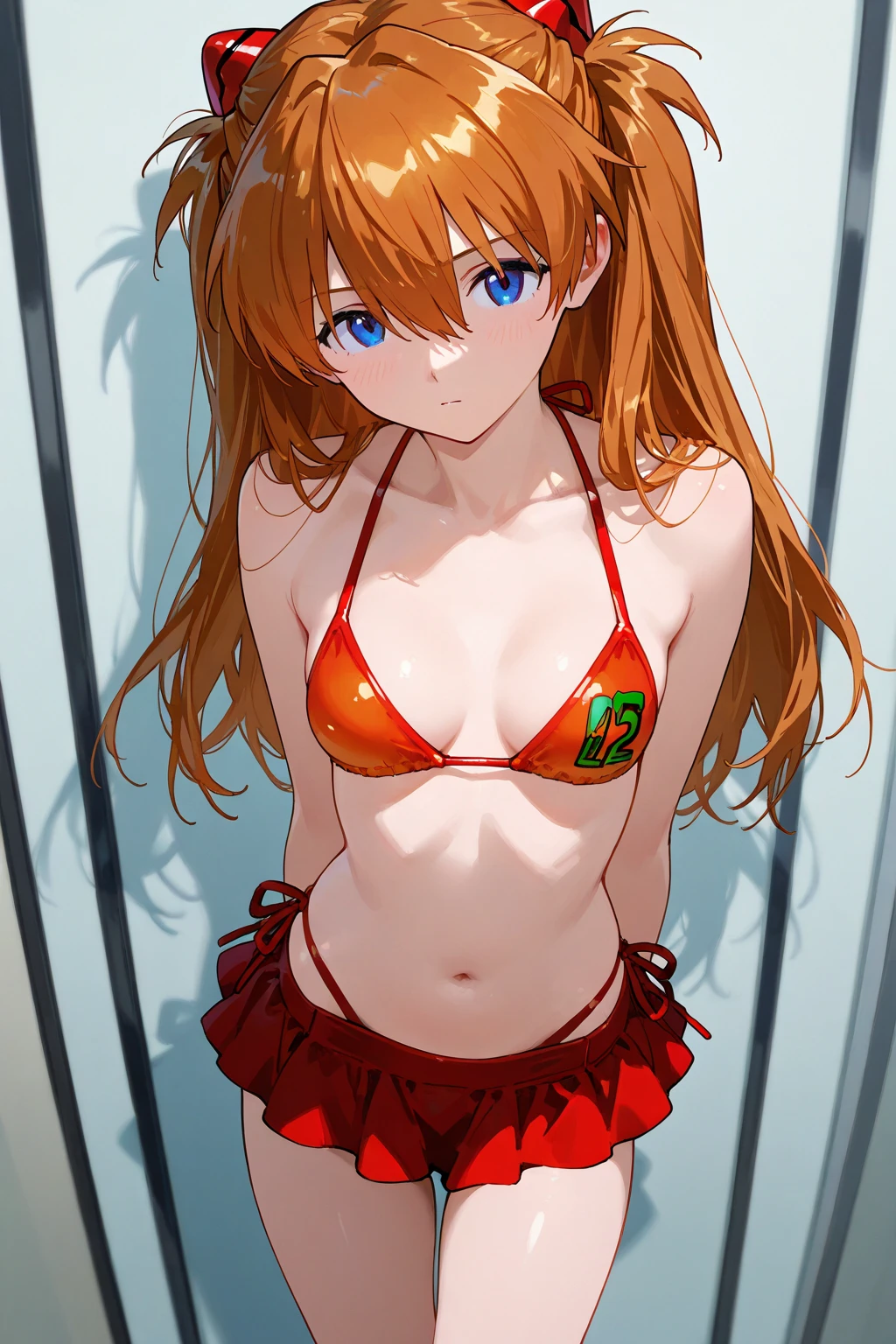 foto retrato de ((Asuka Langley en cuerpo entero)), (((beautiful asuka langley anorexic))), ((muy flaca en bikini)), (((huesos y costillas visibles))), ((small flat breasts)), ((very small waist)), piernas delgadas, ((rostro hermoso)), ((vista de perfil cuerpo entero)), (((concave abdomen))), ((Asuka  Langley muy muy flaca)), ((fondo blanco)). ((cabello al viento)).