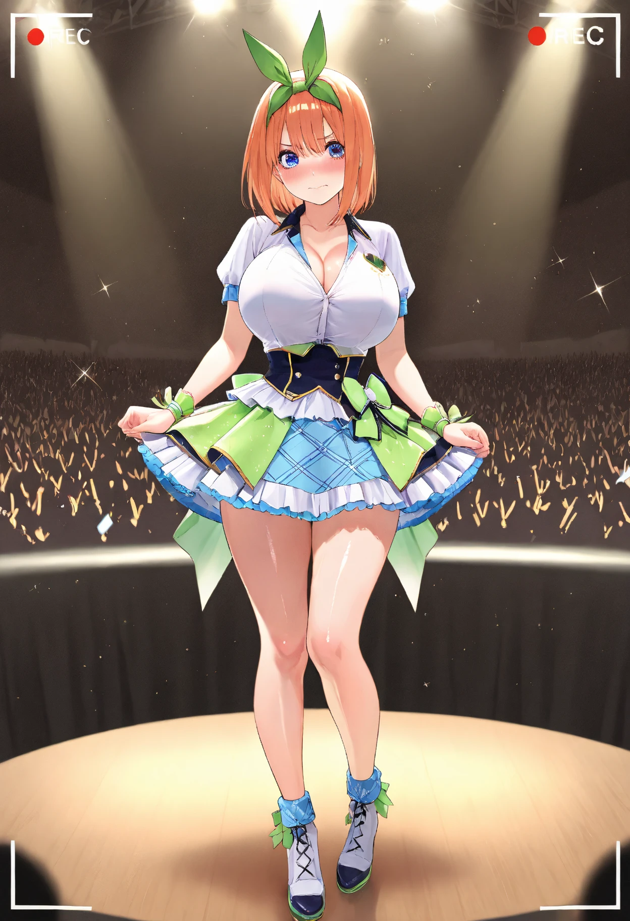 (Low - Angle), (masterpiece, Highest quality, High resolution), score_9, score_8_superior, score_7_superior, score_6_superior, sauce_anime, One person, Honoka Kousaka, We are in the present, lovelive!, score_9, score_8_superior, score_7_superior, score_6_superior, sauce_anime, blue eyes, Orange Hair, Medium chest, Side Ponytail, Medium Hair, Idol, Dancing energetically,Holding a microphone in your left hand, Outdoor, μsIdolドレス, loveliveのIdolドレス, Bright Stage, Illumination from below, Idolコスチューム, White panties, Frilled Panties, Panty shot, alone, A big flip-up dress, skirt, Smile wide open