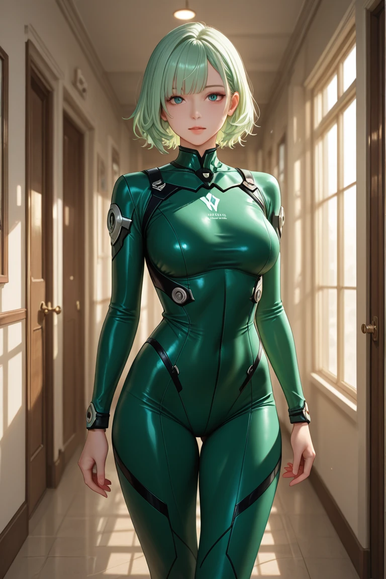 (Woman1),(beautiful),(divine beauty),(beautiful face),(atrane appearance),(beautiful),(divine beauty),(beautiful face),(attractive appearance),(White soft skin),(hot),(slender body),(slender body),(sculpted body),(super gigantic big:1.5),(Long light green hair and light green eyes),(height1,67),(Full hips),(Lean body:1.5),(Mature Sexual Body),+,(a uniform that consists of a leather-tight jumpsuit with a straight pencil skirt made of leather)