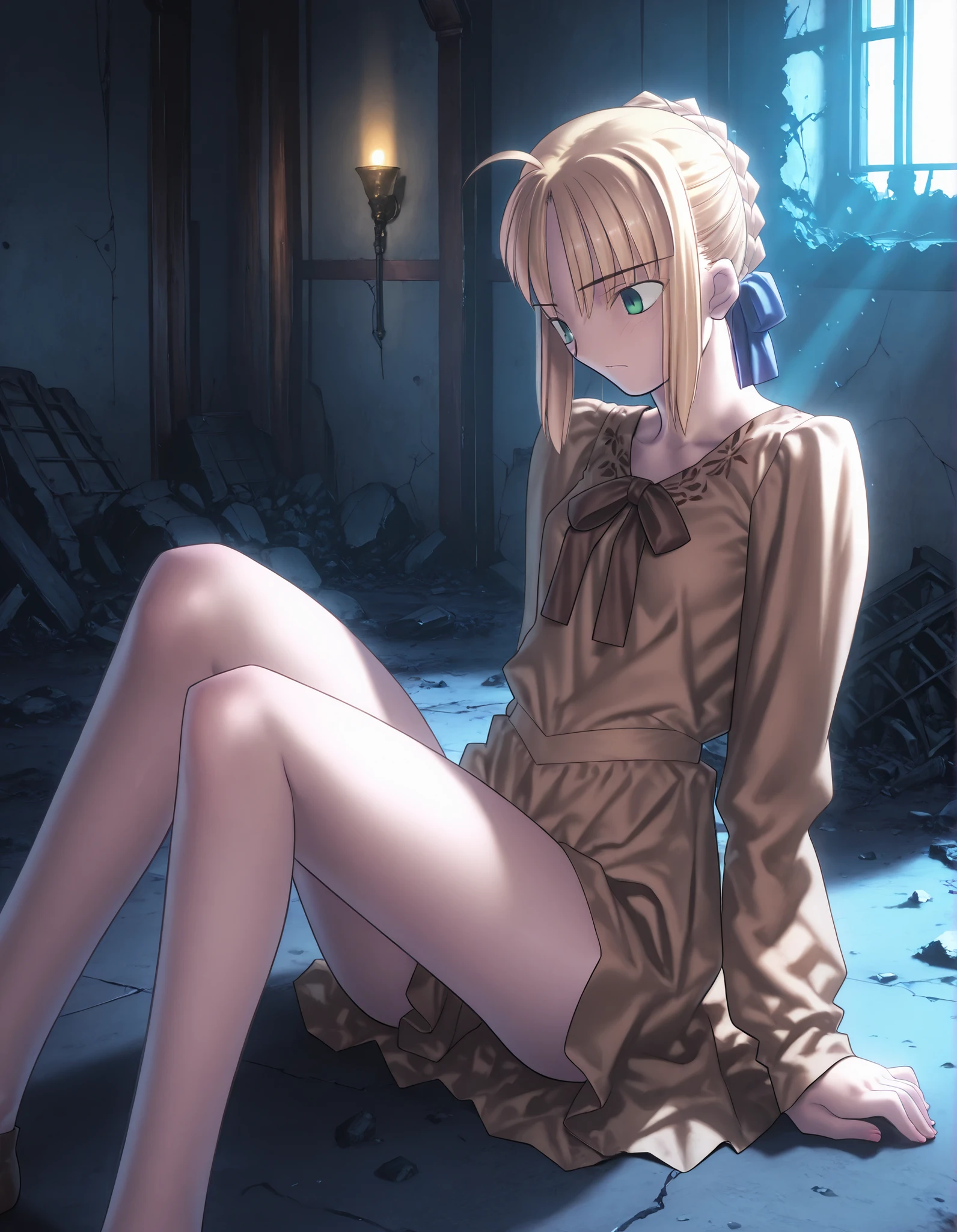 masterpiece, , absurdres, highres, detailed background, high resolution, masterpiece, necessary, detail, best quality, quality, necessary, details, High details, Precise, midnight, indoors,((ruin, dark)), ((cinematic light)), from above, , solo,                                             
                                                                                                                                                                                                                         1girl, solo, Takeuchi Takashi (type-moon,fate) style, takeuchi takashi style, (sitting , M legs, ),
   
tall girl, mature, artoria pendragon, artoria pendragon (fate), saber, hair bun, single hair bun, braid, blonde hair, green eyes, , ahoge, small , ,(), ,
(brown blouse,), , , small , flat , , looking down, , 