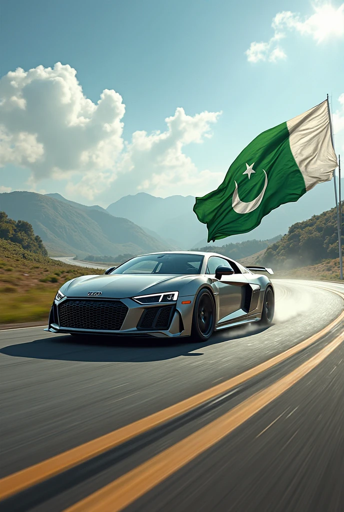 "A beautifully designed car positioned straight, at a perfect 0-degree angle, on a green screen background. The car is sleek and elegant, with modern lines. Attached to the back of the car is a plain flag that waves gently, displaying the words 'Islam Zindabad' in bold, clear script. The image is clean and precise, with the green screen allowing for easy customization or editing."