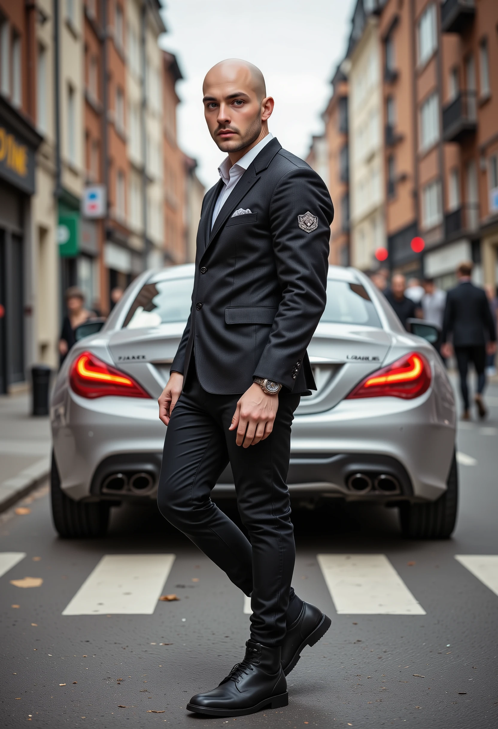 Young bald white European man with an unshaven athletic build dressed in hip-hop style. Standing on a city street near a silver sports car .