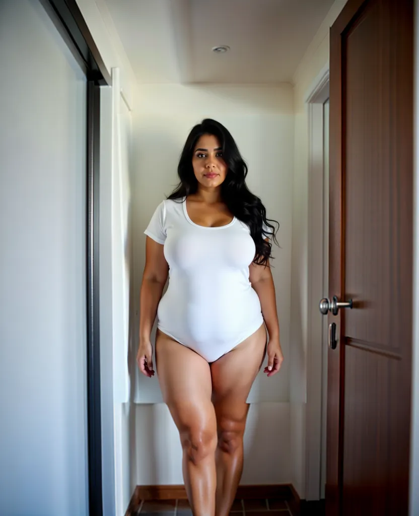 her name is Alejandra, high quality, 1 old woman, ((58-year-old plus sized body latina woman)), (((58 years old))), ((plus sized)), (((chubby body 1.9))), ((wrinkled body)), (((old body))), ((long hair)), wide hips, (no make up), (she is nude), POSE: standing, BACKGROUND: indoor: bathroom, ((realistic vagina)), realistic stomach, ((((big beautiful woman))))