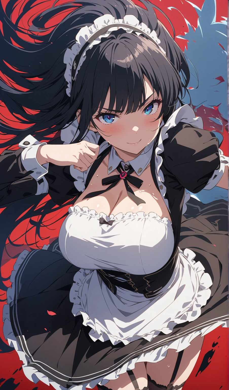 Masterpiece, very detailed, ultra detailed, one, (1 female maid), she's in a maid costume, long black hair and bangs, black demonic horns, beautiful, charming, bright red eyes, elegant, big breasts, bold smile, cold face, charming, against the background of black fire and black flame around her.