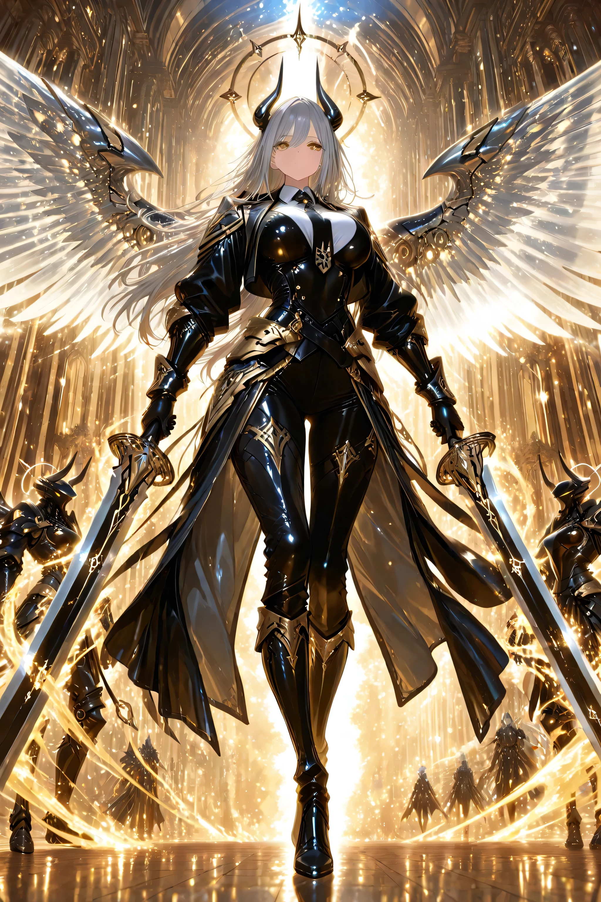 Wings, halo,Masterpiece, best quality, professional photography, ultra detailed,engraved,magic effect, girls are walking. One girl is wearing black gauntlets on both hands. The gauntlets are decorated with gold. The girl is wearing a stylish decorated black jacket suit for combat. A white shirt with a black tie and black pants. She wears black mecha that resemble dragon horns and ears. In her hand she holds a powerful decorated black long huge sword weapon, The other girl has long legs and wears high-heeled boots that look like black armor. The boots are also decorated with gold. detailded dragon eyes./Silver long hair/big breasts/masterpiece/best quality/extremely detailed