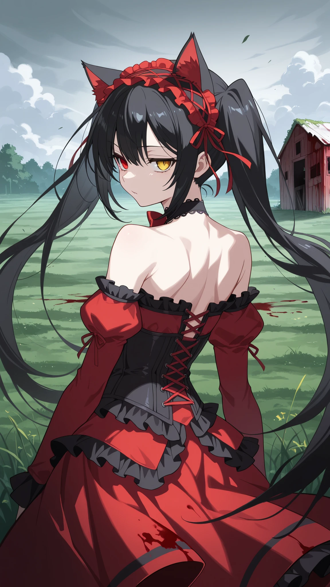 BREAK (masterpiece:1.2), best quality, high resolution, unity 8k wallpaper, (illustration:0.8), overgrown field under storm clouds, old barn with blood splattered on broken doors,faint mist crawling over the grass, eerie silence, ultra detailed horror scene, no peoplekurumi tokisaki astral dress, long hair, black hair, red eyes, twintails, yellow eyes, hairband, heterochromia, dress, red dress, bare shoulders, collarbone, choker, bowtie, red bowtie, detached sleeves, corset, frills,floating skirt,looking at viewer,cowboy shot,wide-angel,seductive pose,cat ears,from behind,photo from back