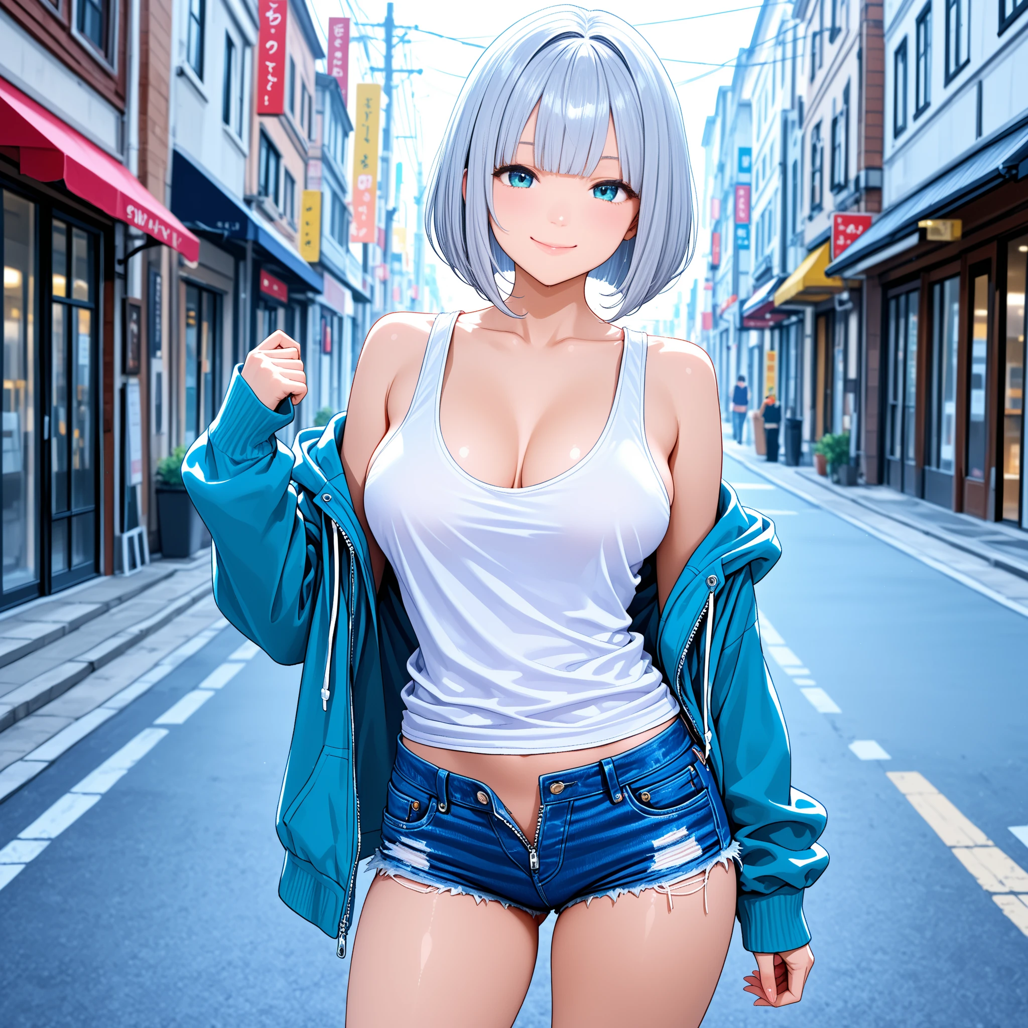 (((Very cute 30 year old extreme exhibitionist girl wearing transparent floral patterned bikini))), ((((gray hair, white, smooth firm skin, no wrinkles)))), (((Big breasts :1.1)) ), ((Cleavage, Exposed breasts, Exposed crotch, Exposed lower abdomen, exhibitionism)), Best Quality, Masterpiece, Very high definition, (Photorealistic:1.4), Raw photo, (perfect body type), (slim: 1.1), Dynamic Pose, Looking at the Audience, Smile, (((full image :0.9))), Solo, Round firm breasts, uniform, on the street, deep shadow, Not distracting, 12000K Cool Light, Beautiful sky detail, Tokyo Street detailed, Highly detailed facial and skin textures, Detailed eyes, Realistic eyes, Beautiful detailed eyes, (Realistic skin), Attractive, very high resolution, very hyperrealistic, Highly detailed, (((exhibition))), ( (he was soaking wet)).