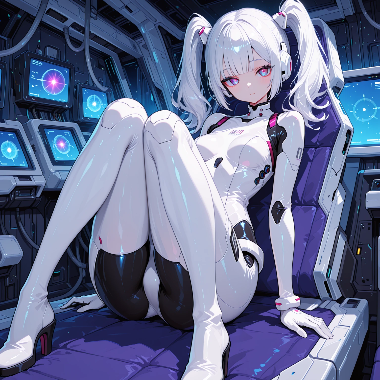 Slender beautiful girl、(White and blue futuristic space station background):1.2、Tight-fitting bodysuits of the near future、hight resolution、top-quality、The ultra-detailliert、Fine details、Does not blush cheeks、knee high、Undersized breasts、shorth hair、head phone