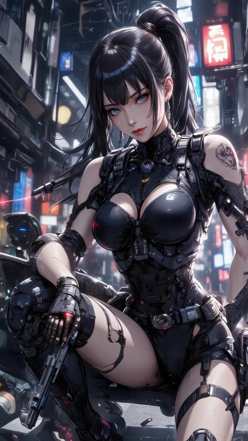 8k_wallpaper, extremely detailed eyes, extremely detailed body, (large masterpiece digital art), (detailed manga illustration), (detailed line art), ((perfect anatomy)), (intricate details:1.3), (ultra-detailed:1.3), (illustration:1.3), (sharp focus:1.3), (natural lighting:1.05), (vivid colors:1.3), (masterpiece), best quality, expressive eyes, perfect face, 1 girl, breasts, cleavage, gloves, huge breasts, cyberpunk clothes, black jacket, dark blue hair, very long hair, messy hair, green eyes, hourglass physique, alluring outfit, shorts, Fighting stance, Huge ass, Cyberworld,