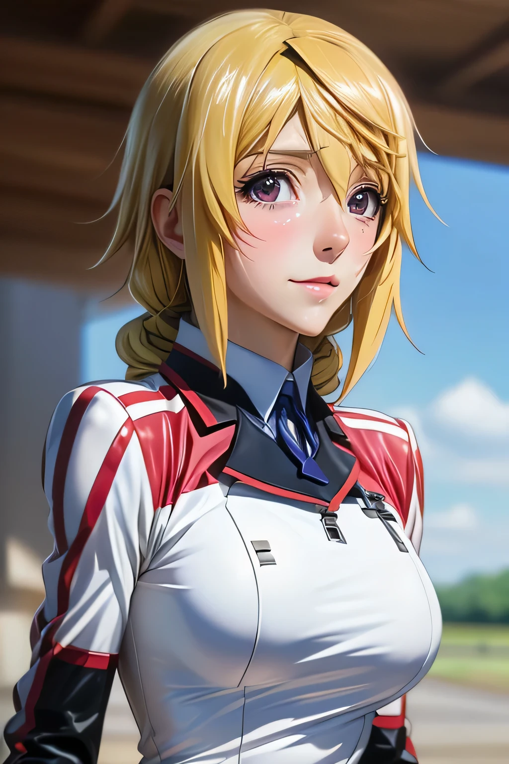 perfect anatomy　Highest Quality,highest resolution,(((white shiny uniform　One Piece　shiny blonde　sweat　shiny skin)))　Charlotte Dunois　Infinite Stratos