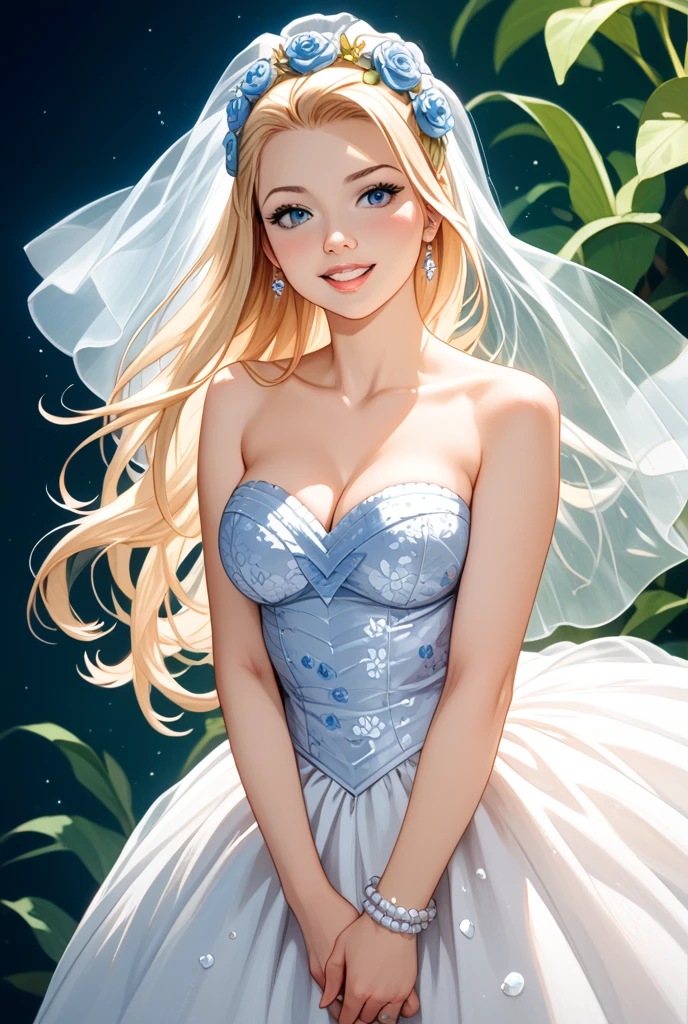 blond Barbie princess, Delicate and beautiful face, long golden hair, adorable, Clean, smile, highly detailed blue eyes, white dress, fresh flowers, Disney style, high resolution, official art, unreal-engine, high dynamic range, OctaneRender, cinema4d, looking at viewer, depth of field, 3D, from below, masterpiece, 8K, best quality