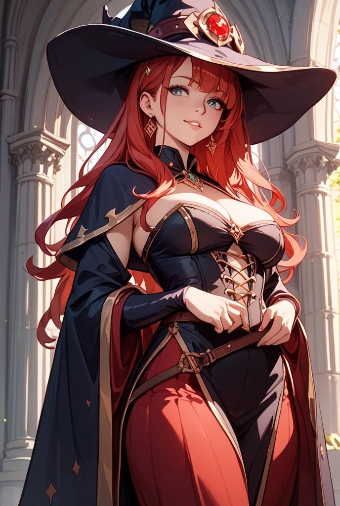 (absurdres, highres, ultra detailed),masterpiece,best quality,high resolution,8k,Realistic face,Realistic skin texture,magnified textures, stunning clarityultra detailed anime girl,15 years old girl,dark pink hair,wavy hair,(wizard fashion),intelligent eyes,Shoulder Bare、Chest exposed、Thighs、zettai ryoiki,forest,spelling magic,cowboy shot,wand,wizard hat,look at viewer,cozy,fantasic,night,big breasts,elegat pose,