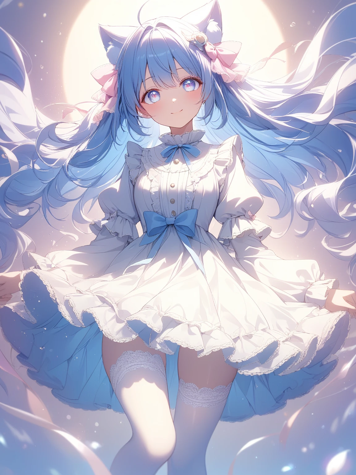 masterpiece, best quality, extremely detailed, (illustration, official art:1.1), 1 girl ,(((( light blue long hair)))), ,(((( light blue long hair)))),light blue hair, , long hair ((blush)) , cute face, big eyes, masterpiece, best quality,(((((a very delicate and beautiful girl))))),Amazing,beautiful detailed eyes,blunt bangs((((little delicate girl)))),tareme(true beautiful:1.2), sense of depth,dynamic angle,,,, affectionate smile, (true beautiful:1.2),,(tiny 1girl model:1.2),)(flat chest), (Alice Wonder land), Cyberpunk, floralpunk elysian maiden,Blue clothes, White apron, , blue eyes, Usagi, Trump, Tea cup, White lace thigh high socks, Miniskirt lift, Half Body, Dynamic pose、Tie your hair with a ribbon、Fantastical、、bunny rabbit