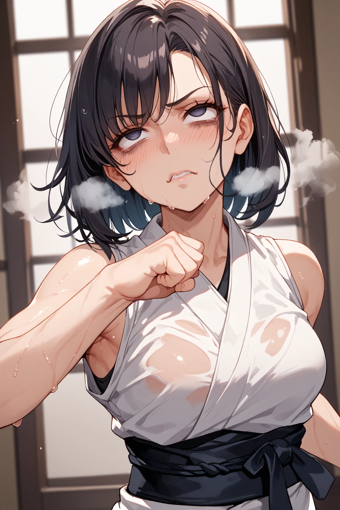 ((((masterpiece, best quality, high resolution)))), Extremely detailed 8K, 1 female, wearing a white Karate gi, (ahegao),white eyes, Small breasts, sash, japanese clothes,  No underwear,No eyeballs, Facing the audience, looking at the audience, tired, from below, (Exposed armpit:1.1), ((armpit:1.2)), sexy, Sweating, More and more sweat,(ahegao), (Roll your eyes),  open mouth, Sticking out tongue, saliva, Slobber,Skinny, raise arms, (arms above head:1.5)(Ultra HD, Ultra-detailed, Highly detailed, Highly realistic, Ultra-realistic, photograph realistic), (1girl:1.5), (Realistic black hair), (dynamic poses), facing at camera, looking at viewer, (slightly serious face), (perky breasts:1.2), (beautiful detailed face, beautiful detailed eyes), ((worn out karate gi)), (preparing for a fight), sweat, glow, (sunbeam, sunlight), ((cowboy shot)), inside a training gym, seductive, EnvyBetterHands LoCon,