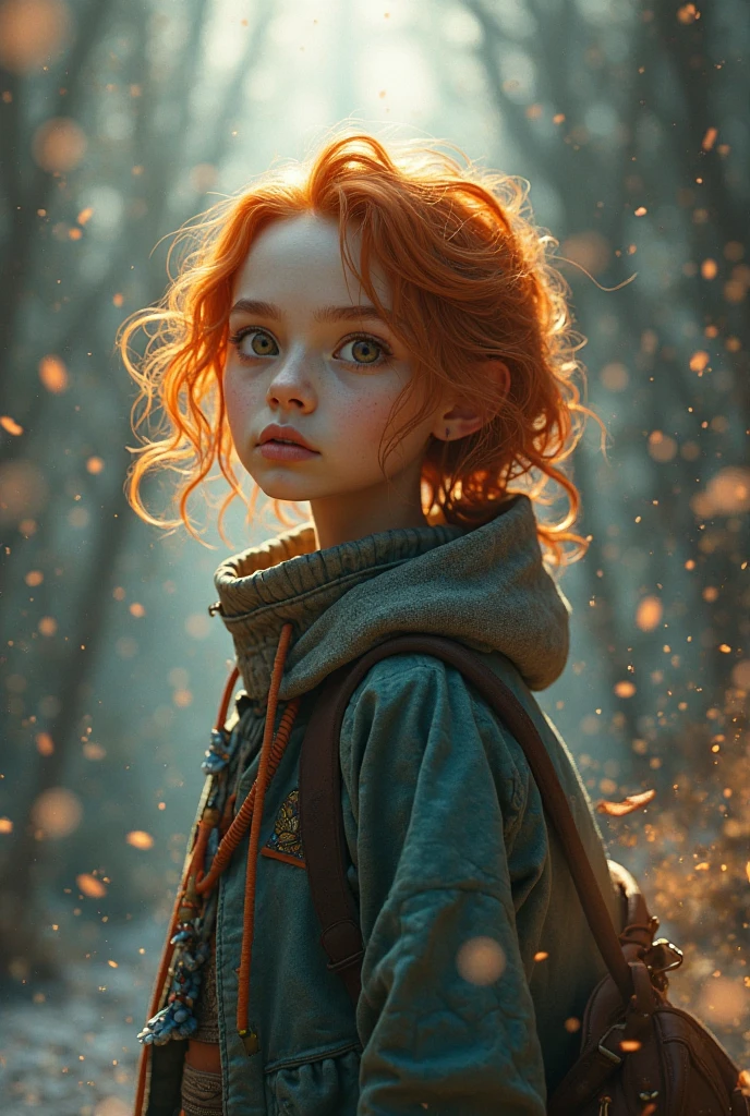 A 12-year-old boy who is a ghost in a fantasy world. He has pale skin but his veins stand out as dark lines. He is a redhead., curly and his eyes are black. Wear a brown coat and a cape with a hood. Realistic style.