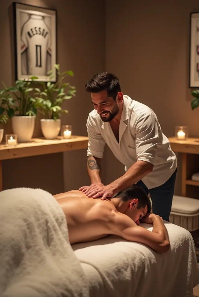 show a realistic image of a woman and show her full body, that she is completely naked and lying down, receiving a massage to increase her buttocks, receiving that massage from a male masseur in a massage booth, Decorated with a comfortable, pleasant and elegant atmosphere with very good lighting, with the walls painted in white and very light grey