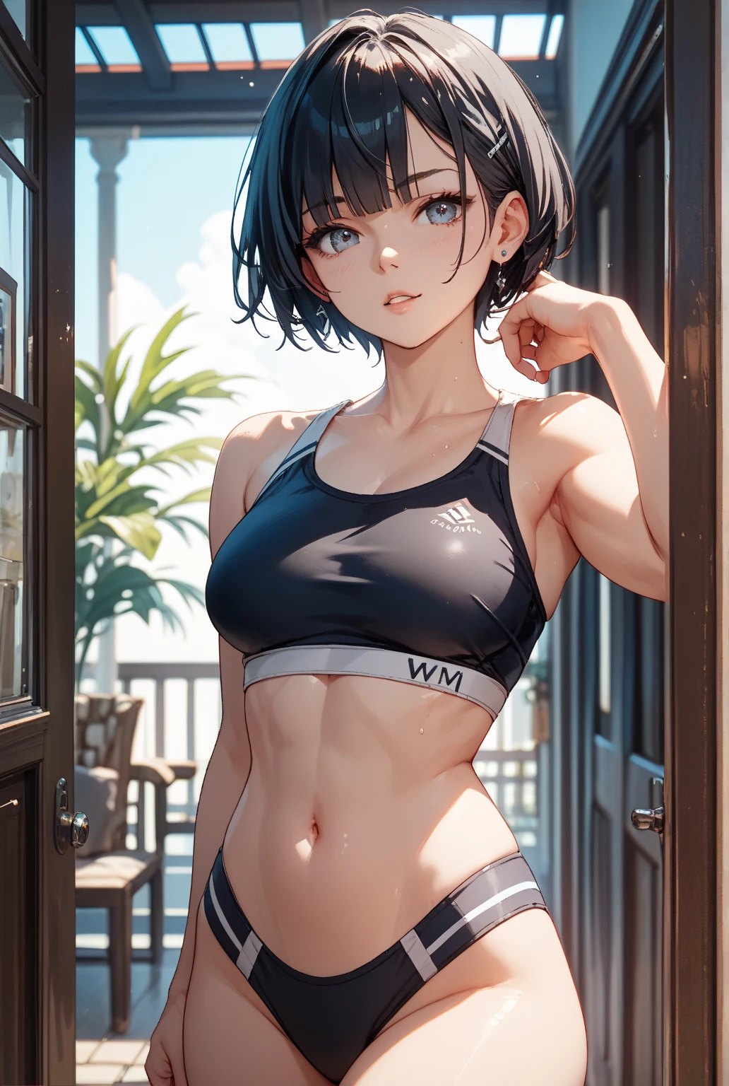 ((best quality, 8K, masterpiece :1.3)), 1 girl, Beautiful woman emphasizing abdominal muscles :1.3, (short hair hairstyle, huge breasts), casual wear :1.2, Super detailed face, delicate eyes, double eyelids