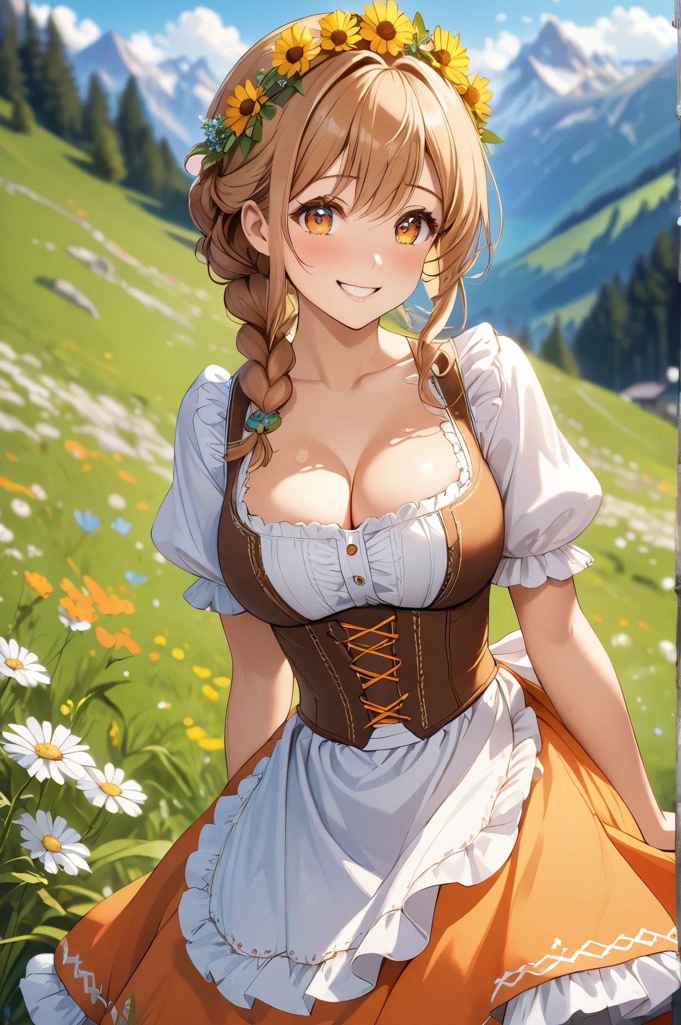 (High quality, High resolution, Fine details), sunny alpine meadow, mountains and blue skies in the background, traditional orange dirndl dress, floral crown, lace-up front, puffed sleeves, flowing skirt, vibrant alpine colors, solo, curvy adult women, light brown hair, braided hairstyle, sparkling eyes, (Detailed eyes:1.2), smile, blush, Sweat, Oily skin, Soft tones, shallow depth of field