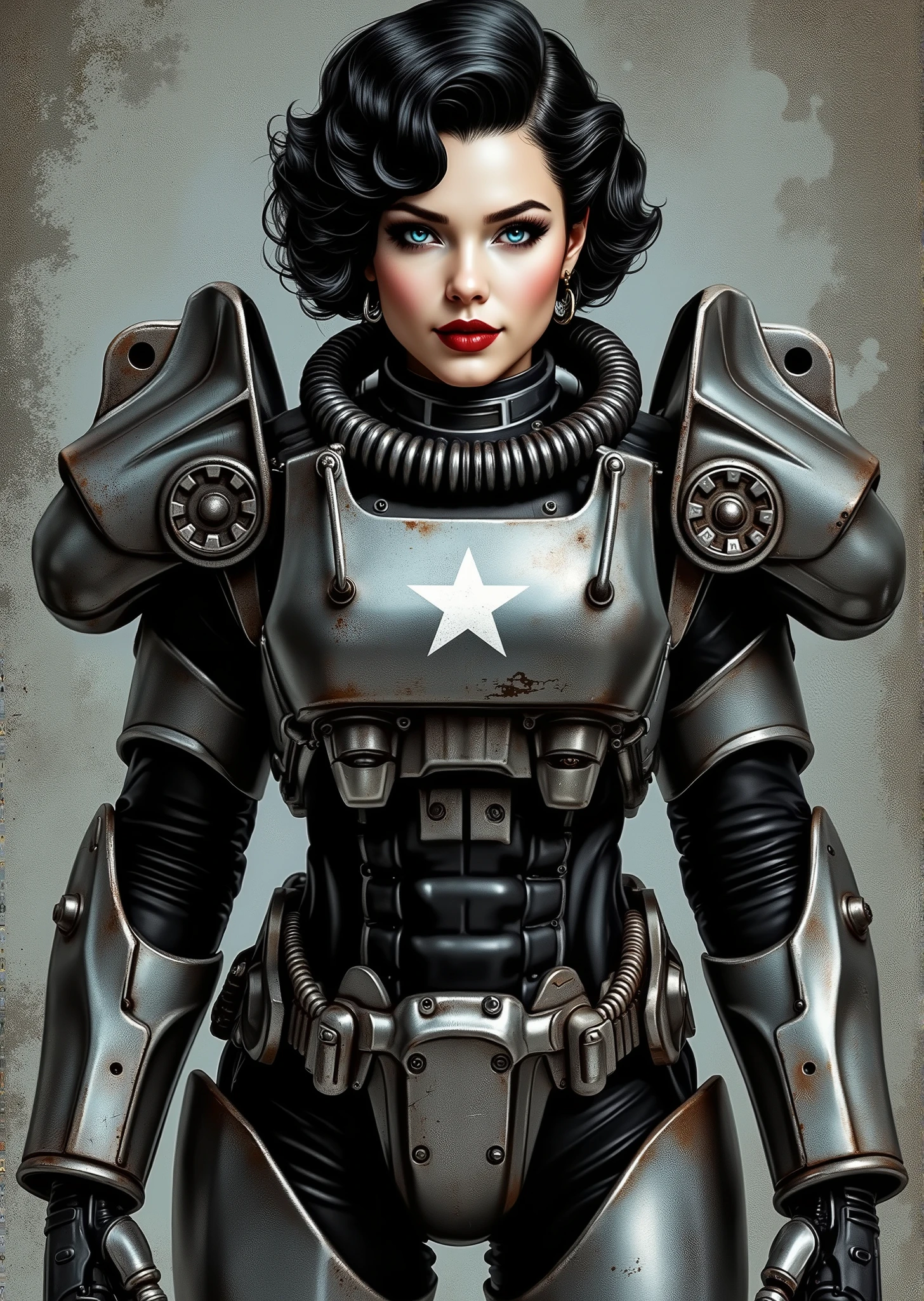 full body shot, armor, t60, robot, An extremely detailed comic book illustration depicting a stunningly beautiful character portrayed by youthful baby faced Gene Tierney tween wearing a retro 50s T-60 power armor mechanized combat suit from the Fallout Video Game setting the armor features a dark metallic exterior with black interior padding with an emblem on the chest plate showing what appears to be a star in white paint suggesting this might be part of a military or faction insignia the armor has a distinctive design with various mechanical components plates and joints visible the character is framed within the bulky armor which has a worn utilitarian aesthetic typical of post-apocalyptic or military science fiction settings with the helmet off to reveal her face whose overall look combines vintage pin-up with modern Rockabilly fashion and alternative accessories in a 50s meets the post apocalypse vibe wearing bold classic red lipstick caked on white foundation making her appear incredibly pale in a classic vintage-style makeup with defined eyebrows and dramatic eye makeup with a short black curled hairstyle with vintage 1950s-inspired waves and voluminous styling typical of the era whose cut and styling are reminiscent of classic 1950s pin-up glamour meets alternative fashion with tattoos piercings and alternative accessories in an art style inspired by Frank Miller and Conan the Barbarian. She has an expression between kind and confident. Her blue eyes are warm and her smile is motherly and compassionate. The background is awash in brushstrokes in shades of concrete grey. The level of detail and the emotive, expressive quality of the character's face create a compelling almost cinematic portrait of a complex multifaceted individual. The image evokes a sense of strength, compassion, and a desire to protect her people, making the subject a visually striking and captivating heroic figure. Standing in a dynamic action pose. Trending on Art Station.