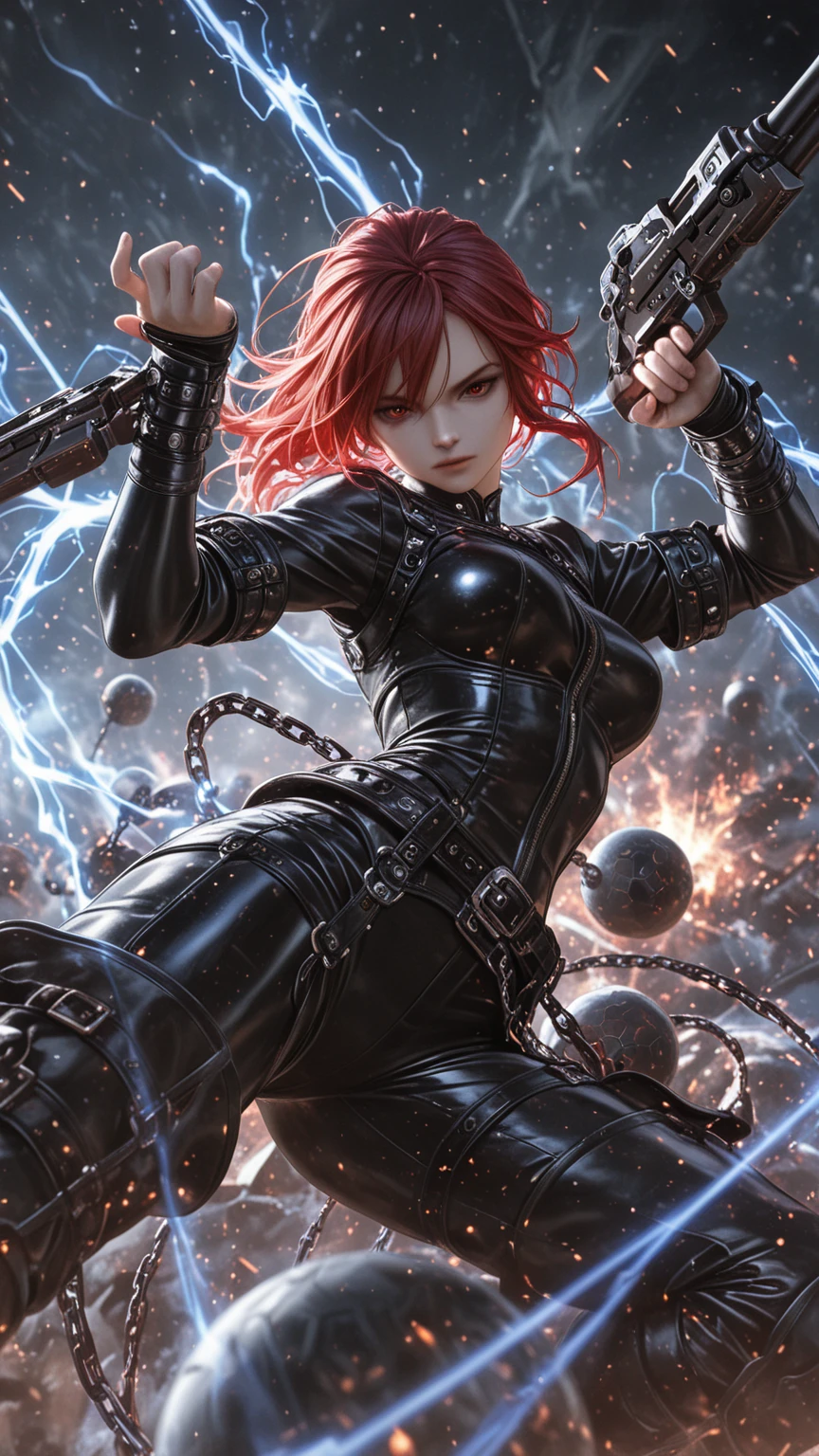cinematic lighting、highest quality,Cyberpunk world、1 female、(20 year old beautiful woman、Detailed beautiful facial features、medium bob、肩までの長さのred hair、blue eyes、smile、stick out tongue:1.4)break（明るめのred hair、Sparkling, flowing hair:1.5）（chest and cleavage:1.4）(gun shot form、action pose:1.5)（Cybertech suit with a tattered and sexy image:1.2）(scratch、Returned blood adheres to the face and chest:1.2)(focus on face)BREAK(sparks fly:1.4)（very beautiful scenery、building roof:1.2）(face zoom)(red hair、)