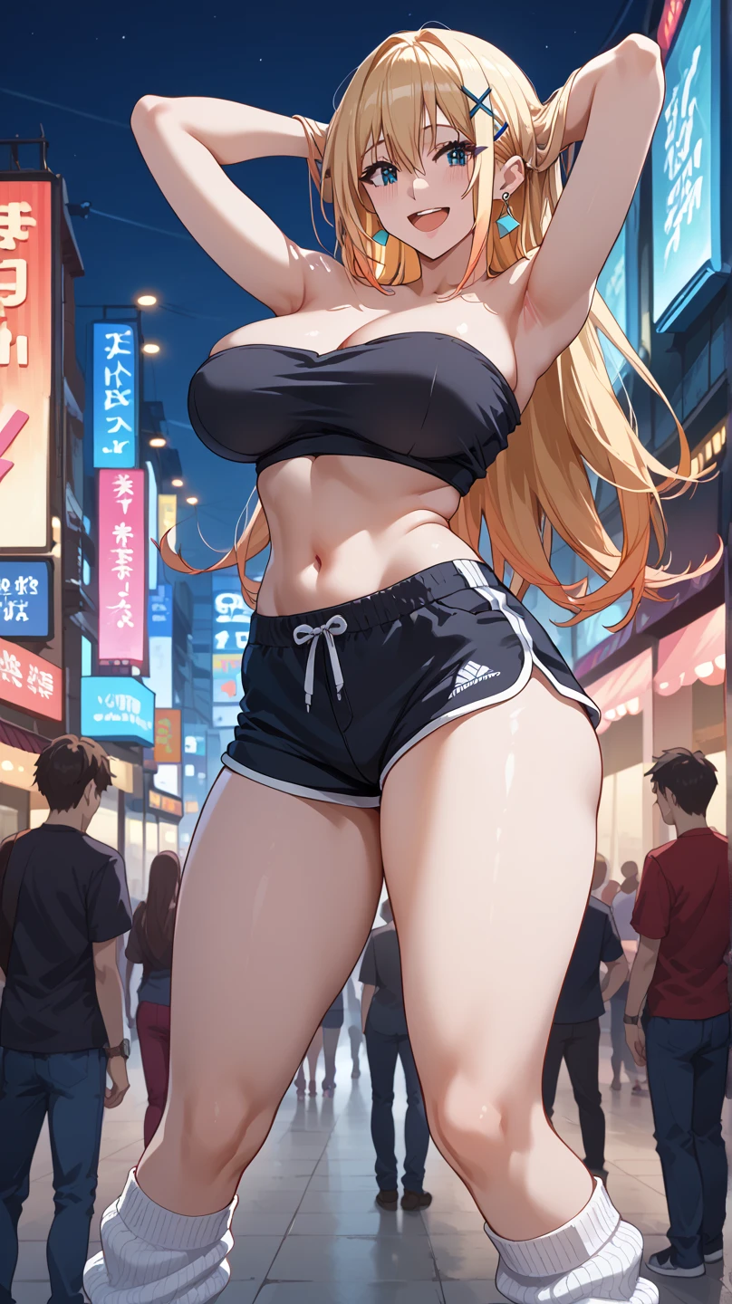 plus size, curvy, overweight girl wearing a pair of ripped shorts and a crop top walking down a crowded street next to a thinner flat chested girl wearing a tight dress, the plus size girl is the center of attention, seeming prettier than the other girl despite wearing average clothes. full body drawings.