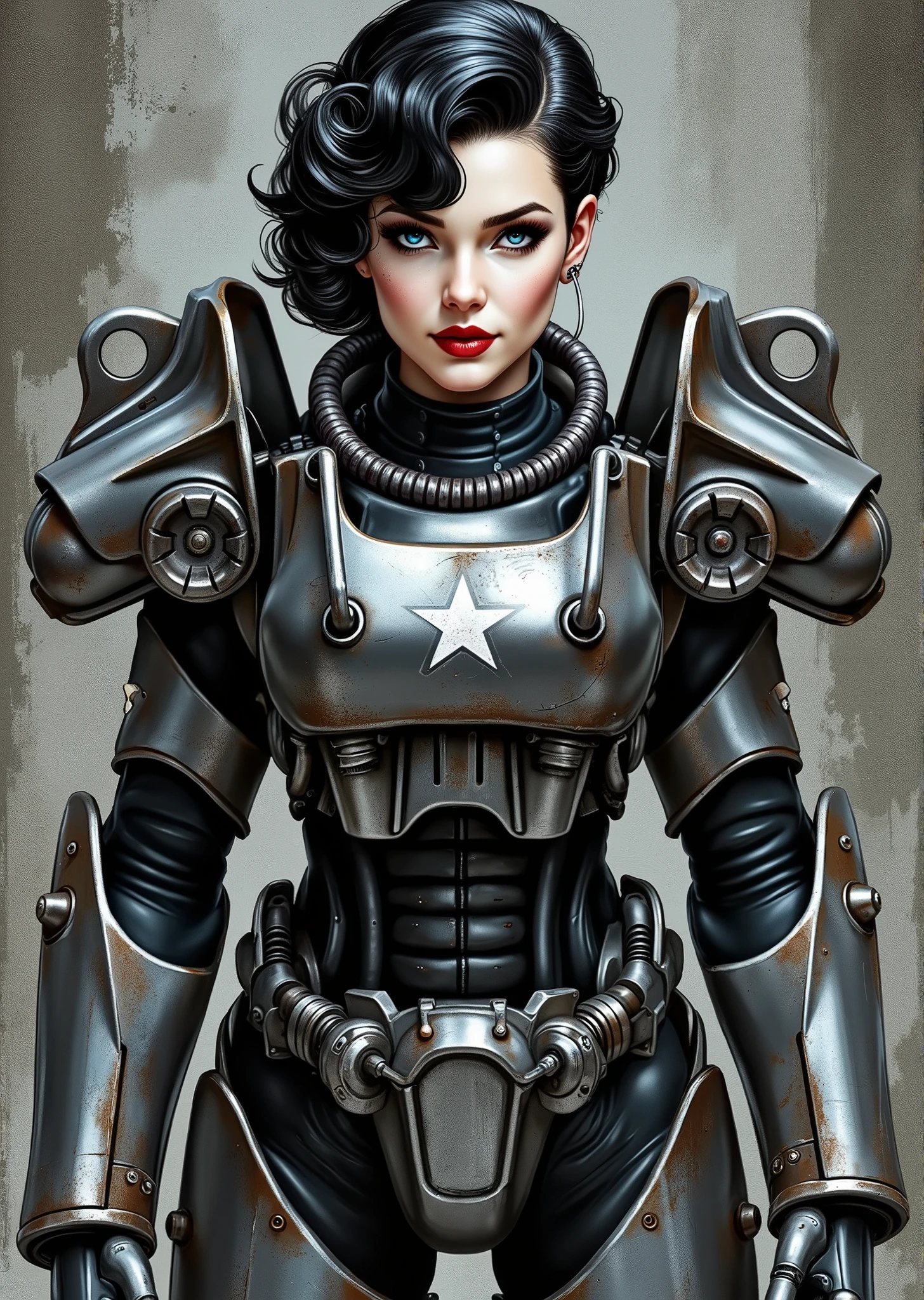 full body shot, armor, t60, robot, An extremely detailed comic book illustration depicting a stunningly beautiful character portrayed by youthful baby faced Gene Tierney tween wearing a retro 50s T-60 power armor mechanized combat suit from the Fallout Video Game setting the armor features a dark metallic exterior with black interior padding with an emblem on the chest plate showing what appears to be a star in white paint suggesting this might be part of a military or faction insignia the armor has a distinctive design with various mechanical components plates and joints visible the character is framed within the bulky armor which has a worn utilitarian aesthetic typical of post-apocalyptic or military science fiction settings with the helmet off to reveal her face whose overall look combines vintage pin-up with modern Rockabilly fashion and alternative accessories in a 50s meets the post apocalypse vibe wearing bold classic red lipstick caked on white foundation making her appear incredibly pale in a classic vintage-style makeup with defined eyebrows and dramatic eye makeup with a short black curled hairstyle with vintage 1950s-inspired waves and voluminous styling typical of the era whose cut and styling are reminiscent of classic 1950s pin-up glamour meets alternative fashion with tattoos piercings and alternative accessories in an art style inspired by Frank Miller and Conan the Barbarian. She has an expression between kind and confident. Her blue eyes are warm and her smile is motherly and compassionate. The background is awash in brushstrokes in shades of concrete grey. The level of detail and the emotive, expressive quality of the character's face create a compelling almost cinematic portrait of a complex multifaceted individual. The image evokes a sense of strength, compassion, and a desire to protect her people, making the subject a visually striking and captivating heroic figure. Standing in a dynamic action pose. Trending on Art Station.