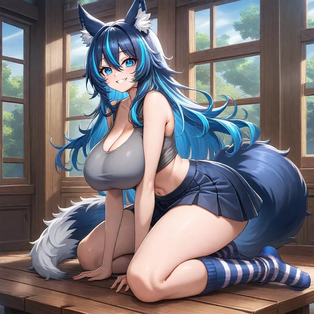 (Masterpiece) (High Detail) (High Res) A close up of short skinny humanoid girl with pale human skin and blue eyes and long blue hair and blue dog ears and a big fluffy dog tail and small average breasts. She is sat with her legs spread and is naked. One hand is covering her pussy, the other hand is covering her chest. Yellow background magazine cover with the title "XXX"