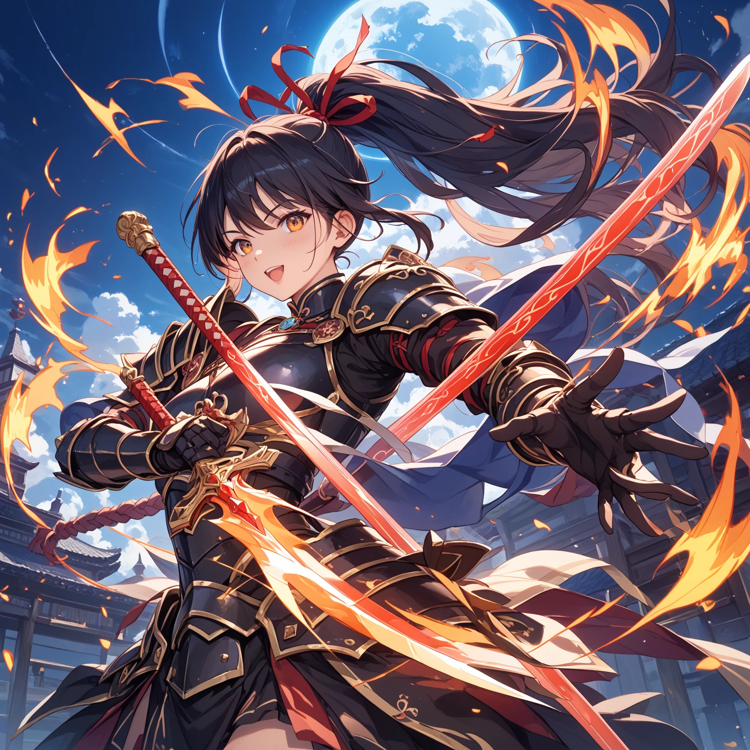 dramatic, gritty, intense, anime character, dynamic fighting pose, 1girl, solo, solo focus, (dark black hair, tied up hairstyle), (wearing black gloves), (wearing samurai armor, armored gauntlets, armored boots, thighhigh boots), (wearing a skirt, orange skirt. pleaded skirt), (black biker shorts), modern art, hair covering eyes, (clenched hand, clenched hands), forest, beautiful face, beautiful eyes, (brown eyes), vibrant colors, night, highest quality digital art, Stunning art, wallpaper 4k, 8k, k, HD, unparalleled masterpiece, best quality, full body, dynamic lighting, cinematic, epic, cowboy shot, full body with costume.