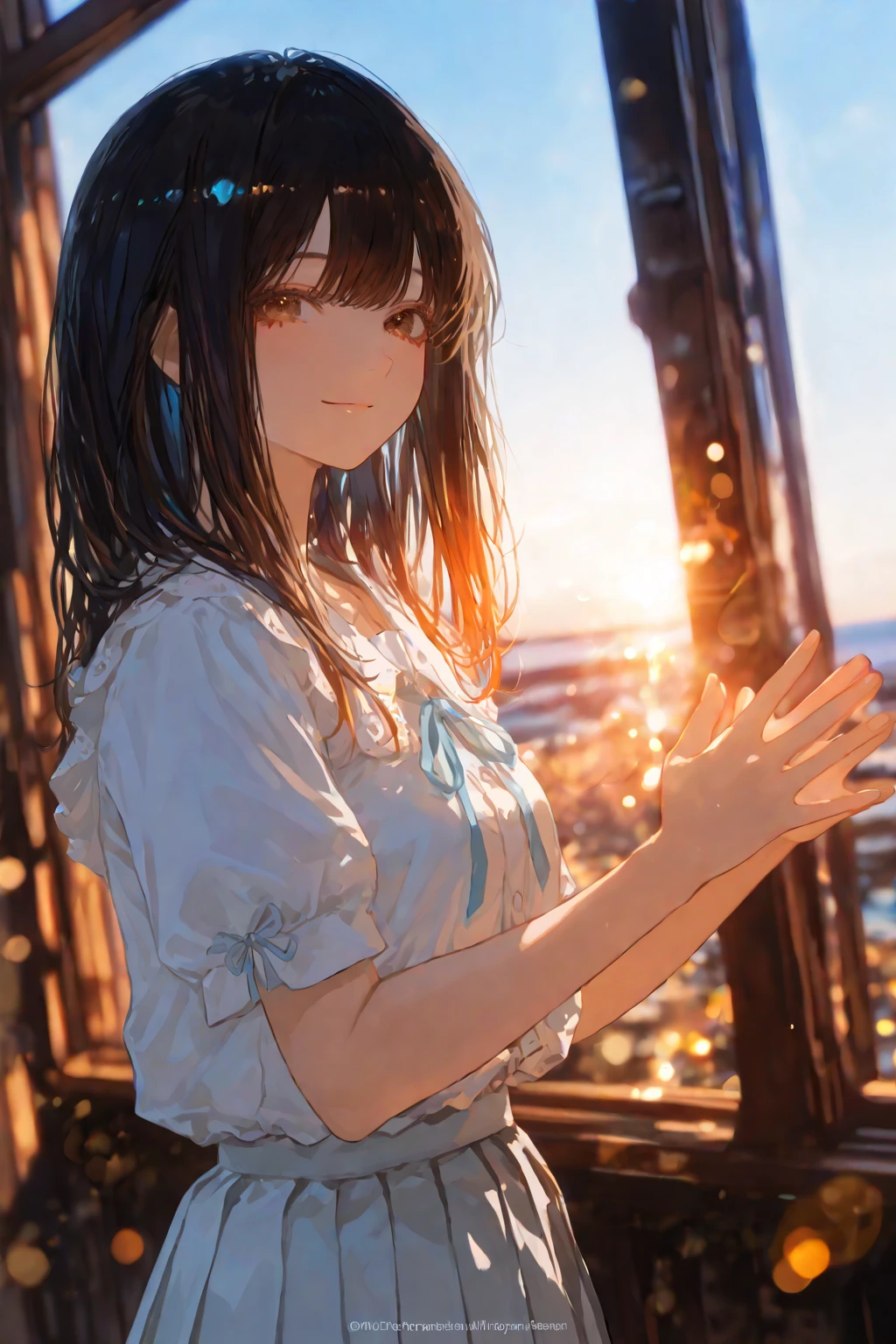 masterpiece,Black hair，jewelry， best quality, shawl, Hairpin,shirt,skirt, Sky, cloud, outdoor, Smile, Atmospheric perspective,Fashion pose，Mature and elegant elder sister，only one person