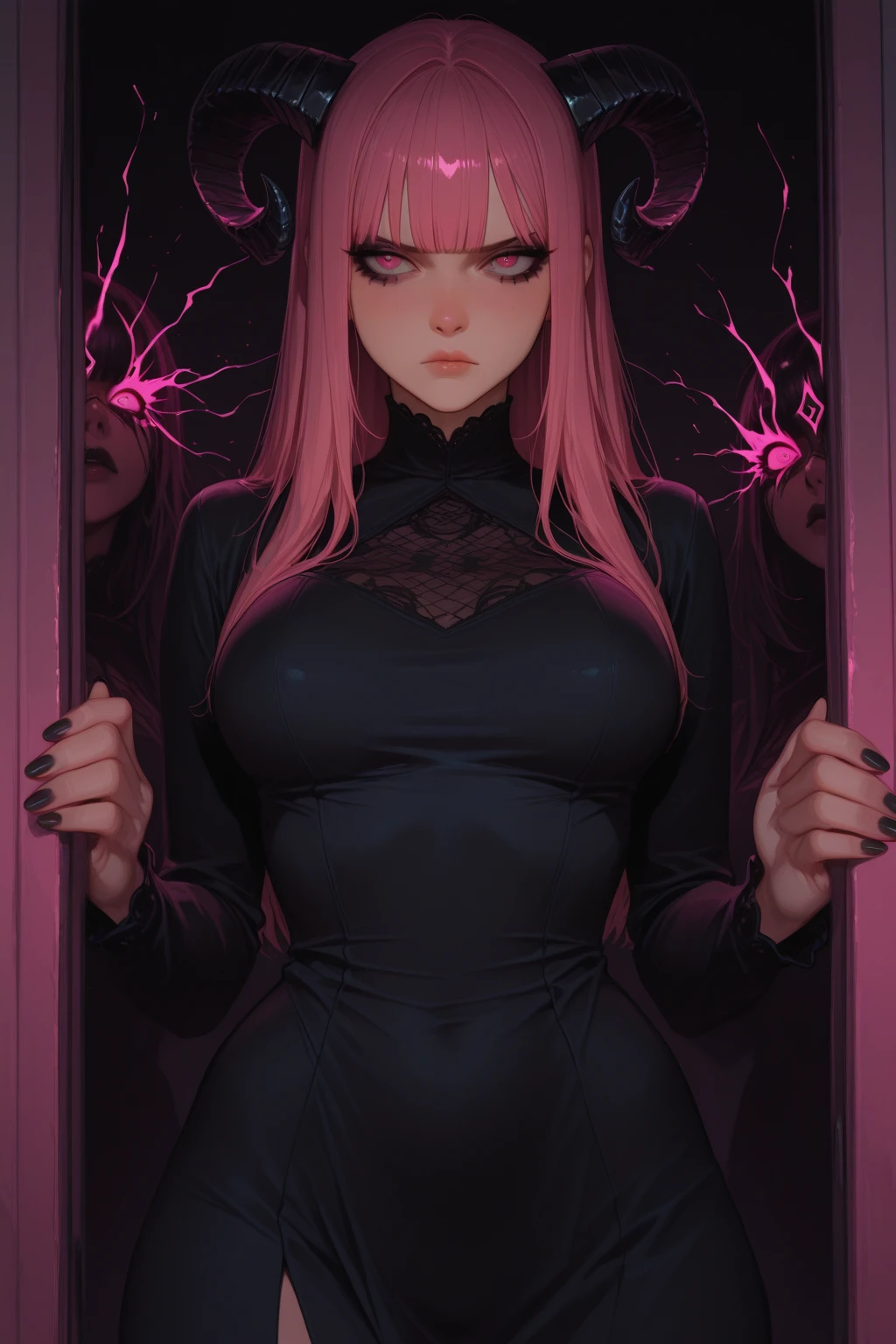 Girl, long pink hair, curvy body, dog leash in her neck, big black underwear, on all fours, nightclub background