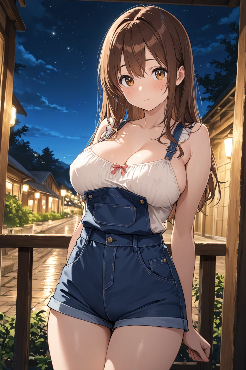（（midynight， best qualtiy， 8K， tmasterpiece ：1.3））， full bodyesbian， long leges， Sharp focus ：1.2， A beautiful woman with a perfect figure ：1.4， Slender abs ：1.1， （（dark brown  hair， gigantic cleavage breasts ：1.2））， （white tight t-shirt， Denim bib， standing on your feet：1.2）， （nighttime scene， the roof：1.3））， Highly Detailed Face and Skin Textur， Fine Eye， 二重まぶた，Anime figure，Leakage from the abdomen，Estilo de Makoto Shinkai，The focus is on anime characters，One guy，There is no one else in the picture --auto