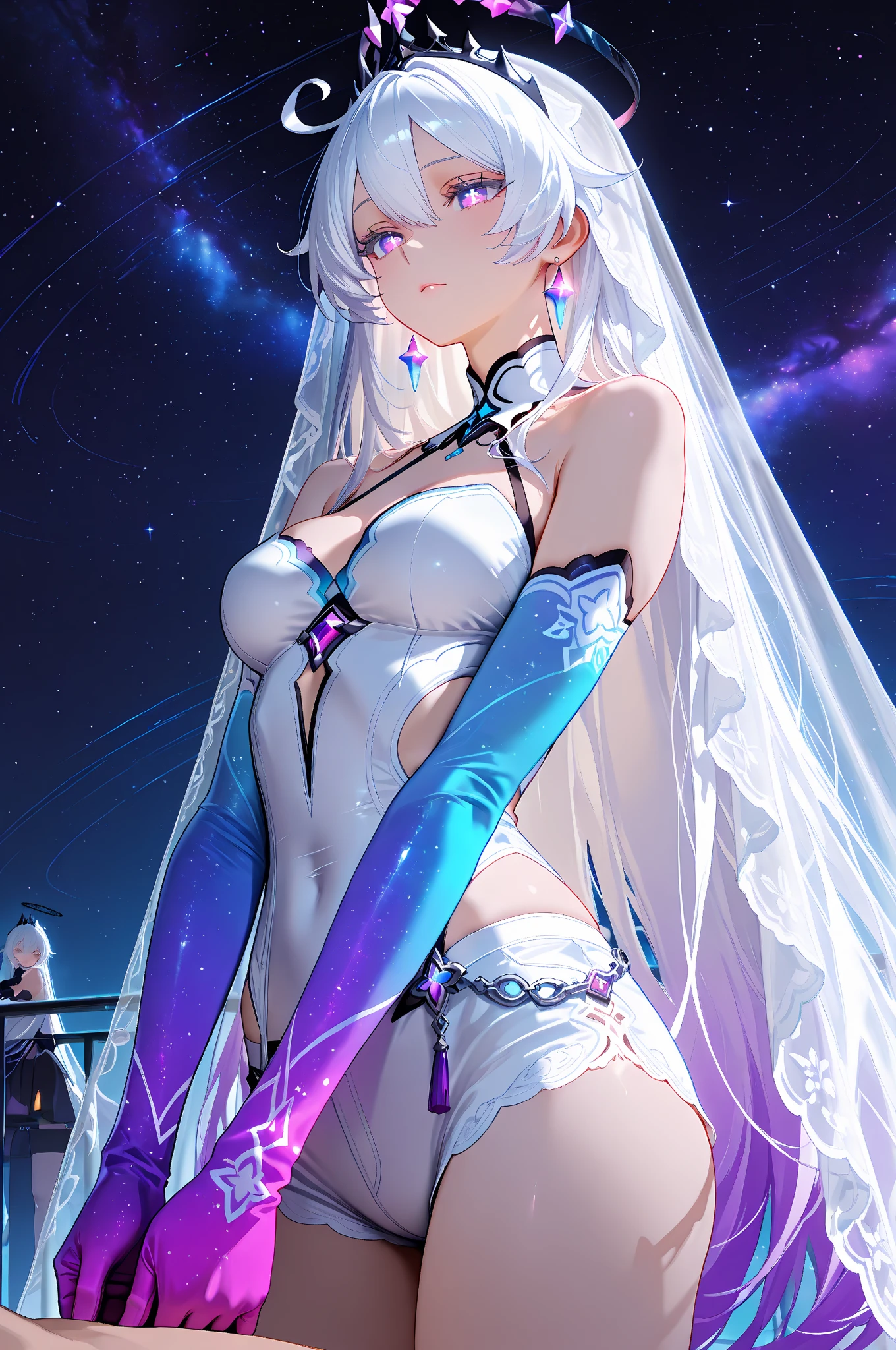 name: Sirius Quasar
Element: STELLARA
Description: A brilliant cosmic strategist, versed in celestial magic and cloaked in enigmatic grace. Chuckles at transcendental paradoxes only Londres scholars may invoke.
Prompt: ((((Illustration, hi-def, hyper Realism)))), 1boy, smirking, seated, (silver hair, stars twinkling in black eyes), short sandy hair, ((grey eyes, symbol of Do criminal recordの星), scattering cosmic rays), (((exquisite details:1.1, noble gesture, captivating gaze, complex hairstyle, seasoned features, expertly piece together secrets))), ((close-up)), (looking down), ((interstellar landscape:0.8, twinkling stars, mysterious atmosphere, starlit night beside beloved crystallites:_First,Galaxy Research Facility, stars zooming in storyboard))), medium build, ((laughing silently)), ((intense magic auraFilter:1)), (((composed, head leaned sideways, glowing wand held in left hand heretoically, pitch-black intentionally cast scar above left eyebrow)))