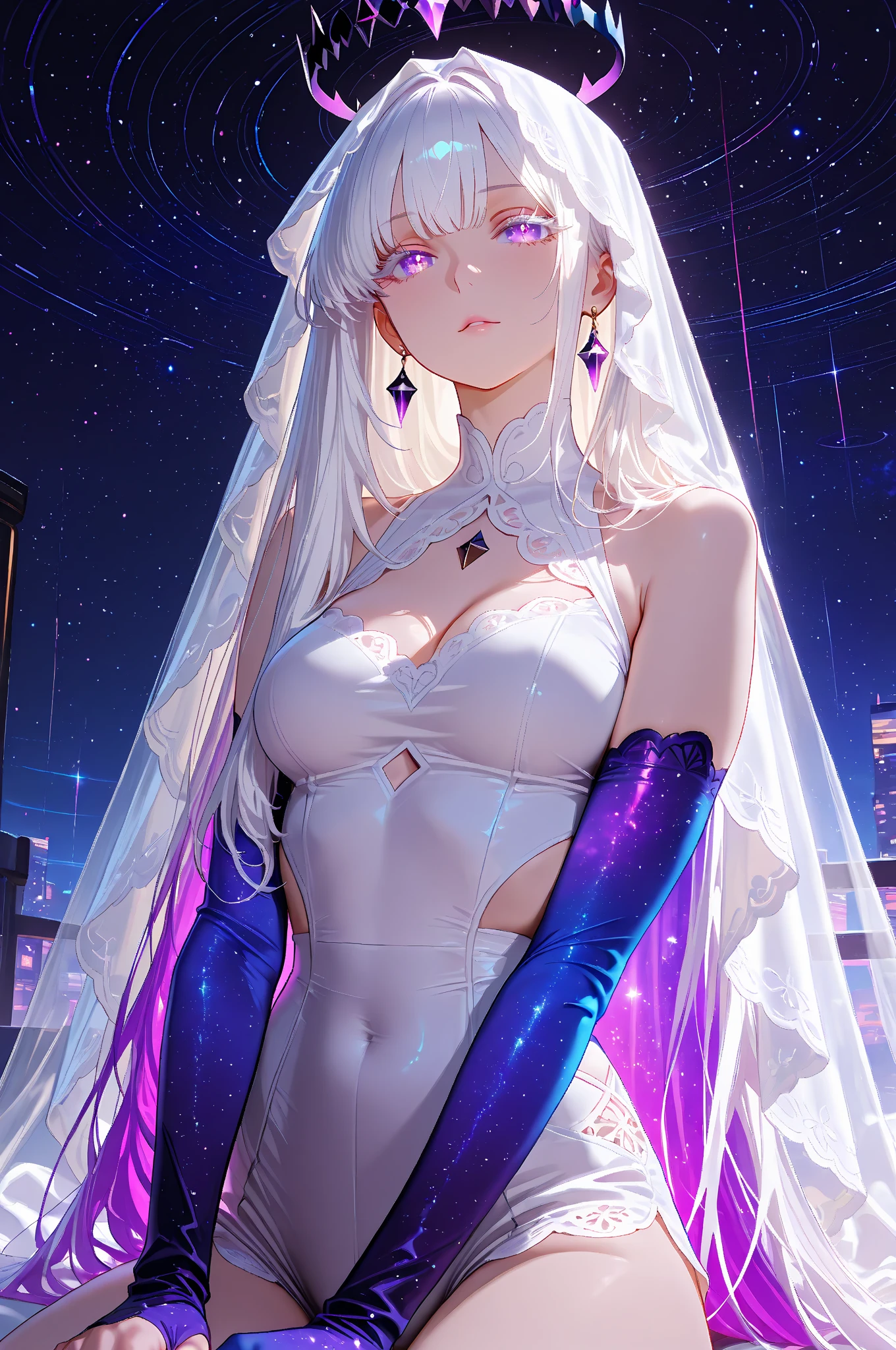 A detailed portrait of a girl sitting outdoors at night, looking at the starry sky with the milky way, surrounded by a night cityscape with buildings silhouetted against the night sky, long white hair. wearing a slightly revealing dress, sexy legs, precise cleavage, beautiful detailed lips, sky, stars, starry night, night, 1 girl.