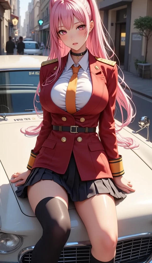 （（Best quality，8K，tmasterpiece：1.4））， Pink hair，Long braid on one side， Planes，Blue flight attendant uniform，Blue flight attendant hat， Delicate solid red bow tie，Black smooth skinny mini miniskirt，Bare breasts，huge tit，perfect body figure，Glossy glossy skin，Green eyes