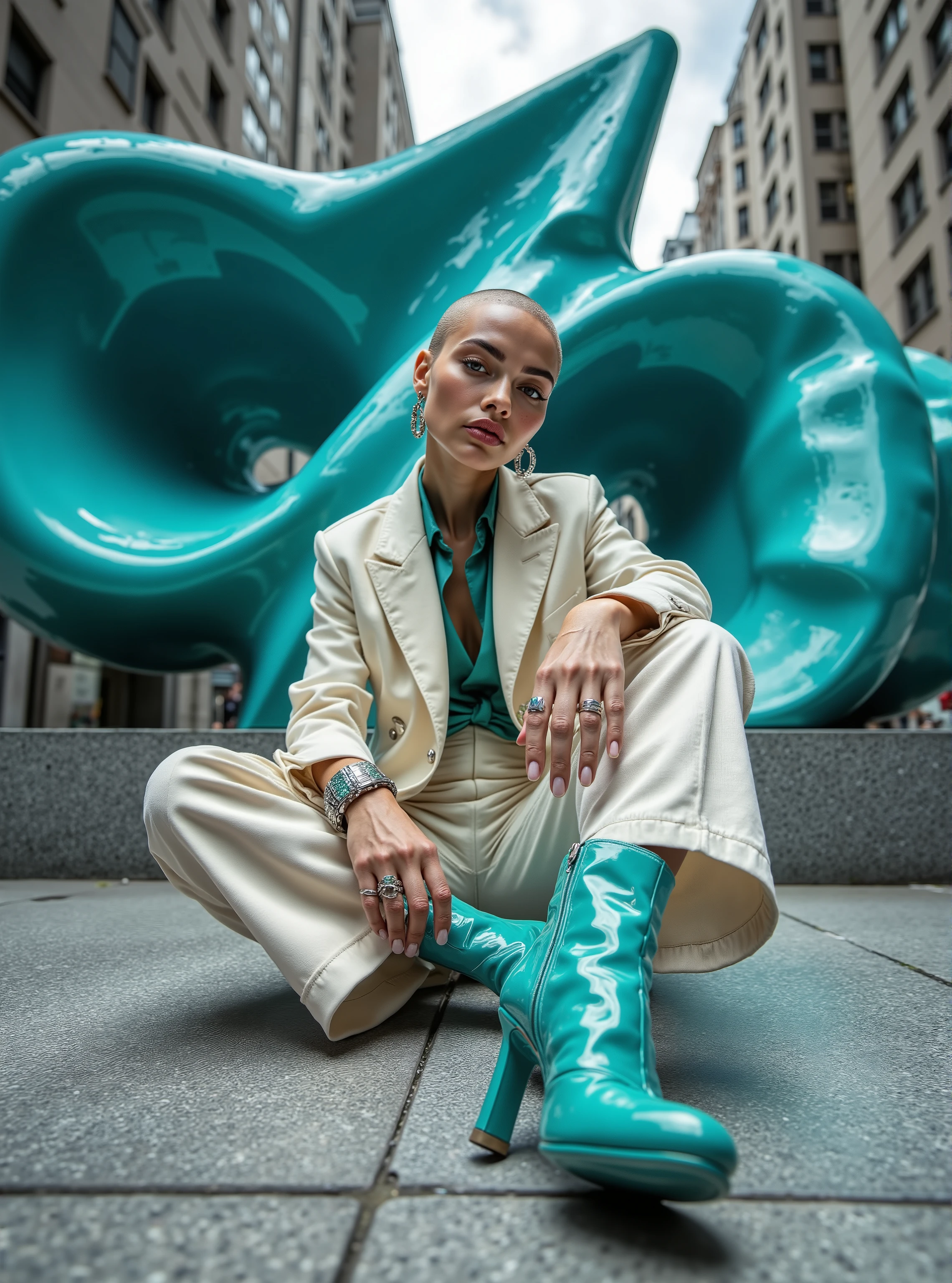 8k, hyper-realistic, photorealistic, hdr,
A hyper-realistic fashion portrait in 8K HDR format, shot in an elegant urban setting at a low angle to emphasize strength and persona. The model, a bald woman with flawless, radiant skin, sits confidently on the polished concrete of a modern city square. Her pose is genuinely relaxed, with one hand resting on a bent knee, creating an atmosphere of luxury and self-confident arrogance. She is wearing a double-breasted ivory suit with thin silver metal inserts, and her jacket is unbuttoned, revealing an emerald-green silk blouse. Wide, figure-hugging trousers are elegantly fitted with eye-catching turquoise patent leather boots with high heels, which dominate the foreground due to their bold color and sculptural shape. Minimalist jewelry — massive platinum rings and an emerald cuff in the ear — add a touch of luxury. Her expression is cold and slightly aloof, her lips are painted a deep berry shade, her eyebrows are perfectly outlined, and her bald head glitters in the soft, diffused city light. Behind her stands a large abstract turquoise art installation, the glossy surface and angular lines of which reflect the color and modernity of her shoes, creating a spectacular accent and emphasizing the aesthetics of luxury. The color palette is an exquisite combination of ivory, silver, emerald green, turquoise and berry colors against a background of subdued gray urban landscapes. The overall mood is modern, luxurious and, undoubtedly, unusual, with avant-garde notes that emphasize a bold personality and high-class style.