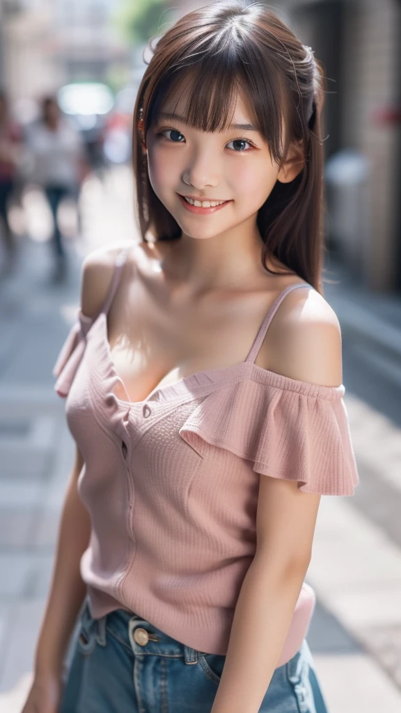 (masterpiece:1.2, highest quality), (Realistic, photoRealistic:1.4), Beautiful illustrations, (Natural Side Lighting, Cinema Lighting), Browsing Caution,
View your viewers, 1 girl, Japanese, high school girl, Perfect Face, Cute and symmetrical face, Shiny skin,
(Long Hair:1.5, Straight hair:1.4, Wine brown hair), flowing bangs, Emerald Green Eyes, Long Eyelashes, (Medium chest), thin,
Beautiful Hair, Beautiful Face, Beautiful fine details, Beautiful clavicle, Beautiful body, Beautiful breasts, Beautiful thighs, Beautiful feet, Beautiful fingers,
((pink off shoulder tops、Puff sleeves、Short sleeve、Short length tops, White Skirt)),
(Beautiful views), evening, (Shopping mall), walking, (Cute smile, Upward glance),
