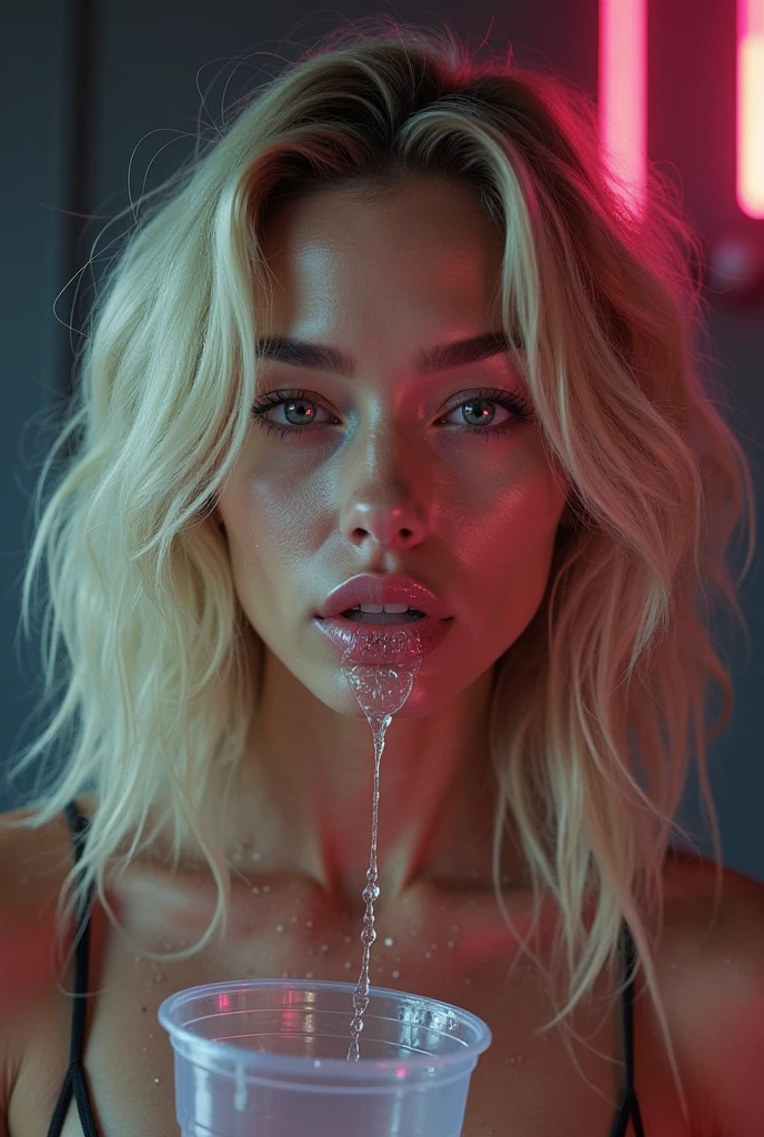 Very wet Natalie Portman super sexy blonde with white milk running down her mouth, neck and breasts, seen from below showing her large chest and you can see her underwear, The room is a room in a hotel in outer space with purple neon lights