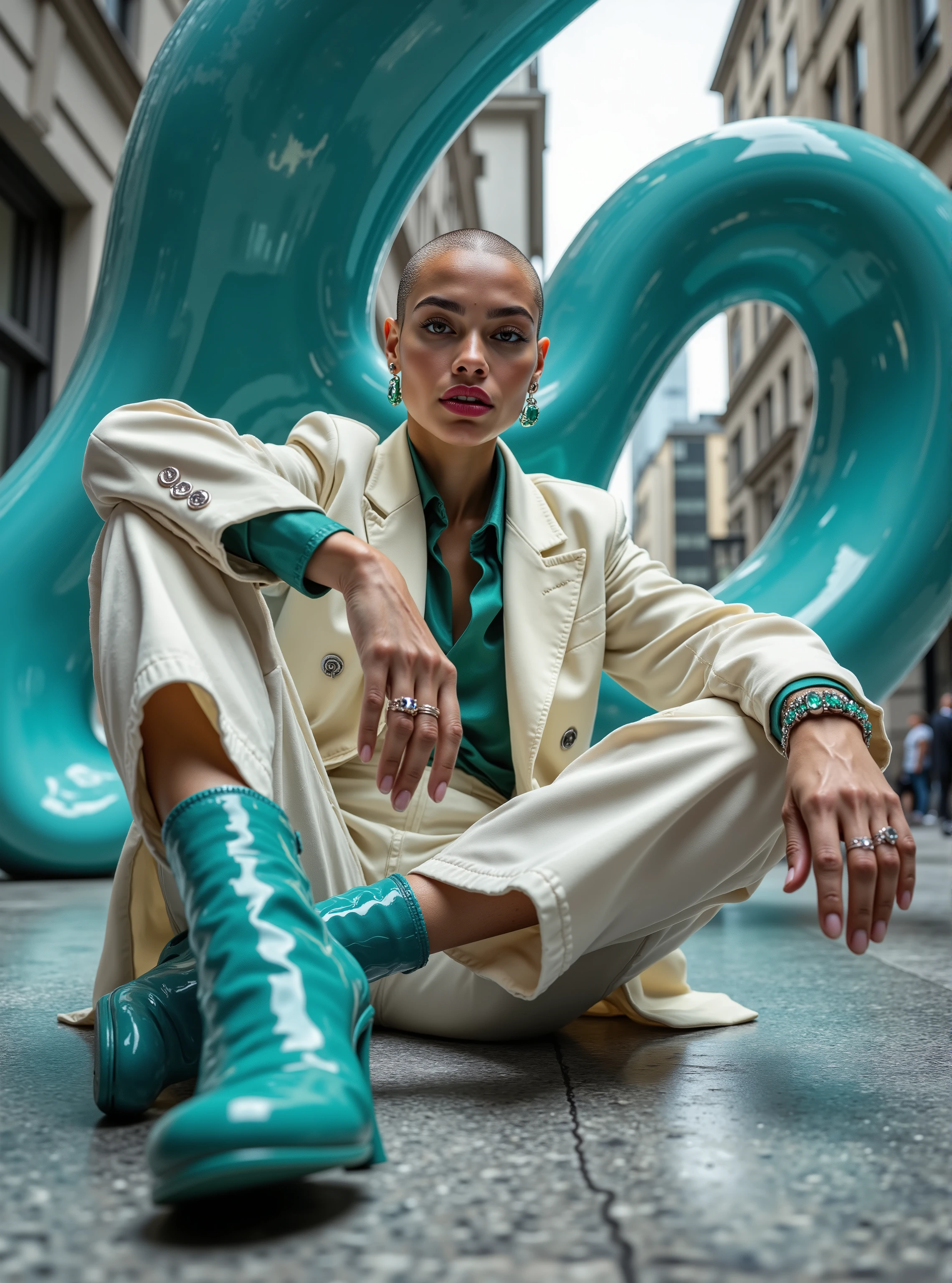 8k, hyper-realistic, photorealistic, hdr,
A hyper-realistic fashion portrait in 8K HDR format, shot in an elegant urban setting at a low angle to emphasize strength and persona. The model, a bald woman with flawless, radiant skin, sits confidently on the polished concrete of a modern city square. Her pose is genuinely relaxed, with one hand resting on a bent knee, creating an atmosphere of luxury and self-confident arrogance. She is wearing a double-breasted ivory suit with thin silver metal inserts, and her jacket is unbuttoned, revealing an emerald-green silk blouse. Wide, figure-hugging trousers are elegantly fitted with eye-catching turquoise patent leather boots with high heels, which dominate the foreground due to their bold color and sculptural shape. Minimalist jewelry — massive platinum rings and an emerald cuff in the ear — add a touch of luxury. Her expression is cold and slightly aloof, her lips are painted a deep berry shade, her eyebrows are perfectly outlined, and her bald head glitters in the soft, diffused city light. Behind her stands a large abstract turquoise art installation, the glossy surface and angular lines of which reflect the color and modernity of her shoes, creating a spectacular accent and emphasizing the aesthetics of luxury. The color palette is an exquisite combination of ivory, silver, emerald green, turquoise and berry colors against a background of subdued gray urban landscapes. The overall mood is modern, luxurious and, undoubtedly, unusual, with avant-garde notes that emphasize a bold personality and high-class style.