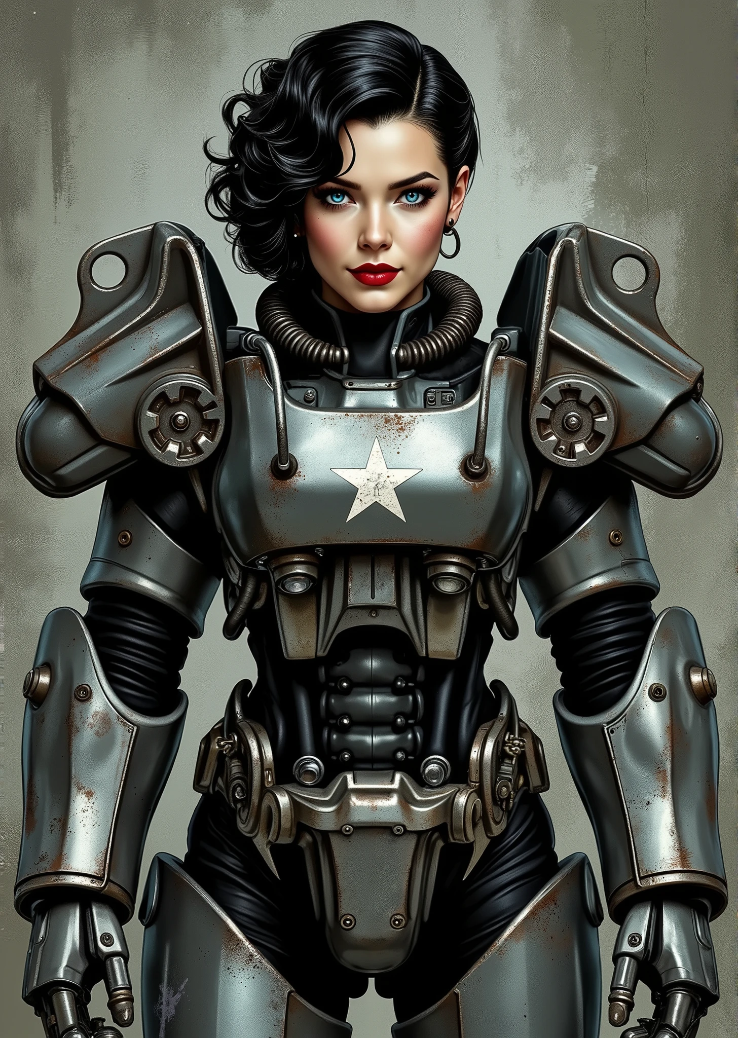 full body shot, armor, t60, robot, An extremely detailed comic book illustration depicting a stunningly beautiful character portrayed by youthful baby faced Gene Tierney tween wearing a retro 50s T-60 power armor mechanized combat suit from the Fallout Video Game setting the armor features a dark metallic exterior with black interior padding with an emblem on the chest plate showing what appears to be a star in white paint suggesting this might be part of a military or faction insignia the armor has a distinctive design with various mechanical components plates and joints visible the character is framed within the bulky armor which has a worn utilitarian aesthetic typical of post-apocalyptic or military science fiction settings with the helmet off to reveal her face whose overall look combines vintage pin-up with modern Rockabilly fashion and alternative accessories in a 50s meets the post apocalypse vibe wearing bold classic red lipstick caked on white foundation making her appear incredibly pale in a classic vintage-style makeup with defined eyebrows and dramatic eye makeup with a short black curled hairstyle with vintage 1950s-inspired waves and voluminous styling typical of the era whose cut and styling are reminiscent of classic 1950s pin-up glamour meets alternative fashion with tattoos piercings and alternative accessories in an art style inspired by Frank Miller and Conan the Barbarian. She has an expression between kind and confident. Her blue eyes are warm and her smile is motherly and compassionate. The background is awash in brushstrokes in shades of concrete grey. The level of detail and the emotive, expressive quality of the character's face create a compelling almost cinematic portrait of a complex multifaceted individual. The image evokes a sense of strength, compassion, and a desire to protect her people, making the subject a visually striking and captivating heroic figure. Standing in a dynamic action pose. Trending on Art Station.