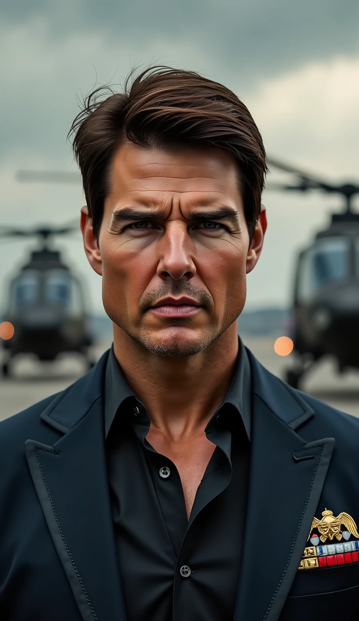 Ultra-realistic 8K cinematic portrait of Tom Cruise from up, wearing a dark navy tailored military-inspired suit with subtle gold trim, reinforced shoulders and a silk black shirt, hyper-detailed fabric and skin textures, cinematic depth of field, Gotham airfield with helicopters and searchlights background, photorealistic lighting with dramatic contrast.