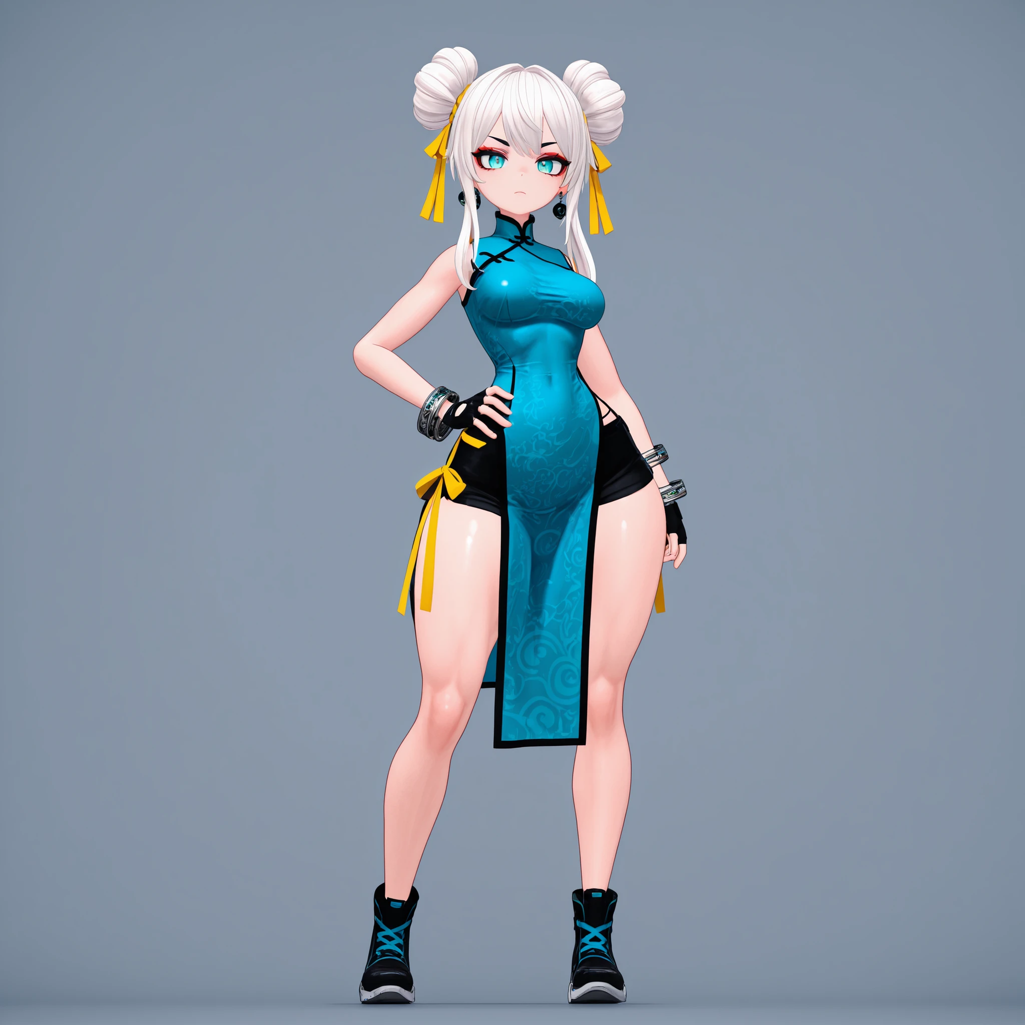 masterpiece, ultra-HD, impressionism, high detail, best quality, very aesthetic, 8k, best quality, beautiful, VRChatStyle, 3D, 1girl, solo, short white hair, hair buns, long locks, yellow ribbons, almond-shaped eyes, turquoise eyes, eyelashes, black eyeliner, red eyeshadow, medium breasts, narrow waist, wide hips, thick thighs, slim, blue qipao dress, black fingerless gloves, metal bracelets, earrings, black shoes, black shorts, serious, neutral, hand on hips, standing, full body, looking at viewer, simple background, front view