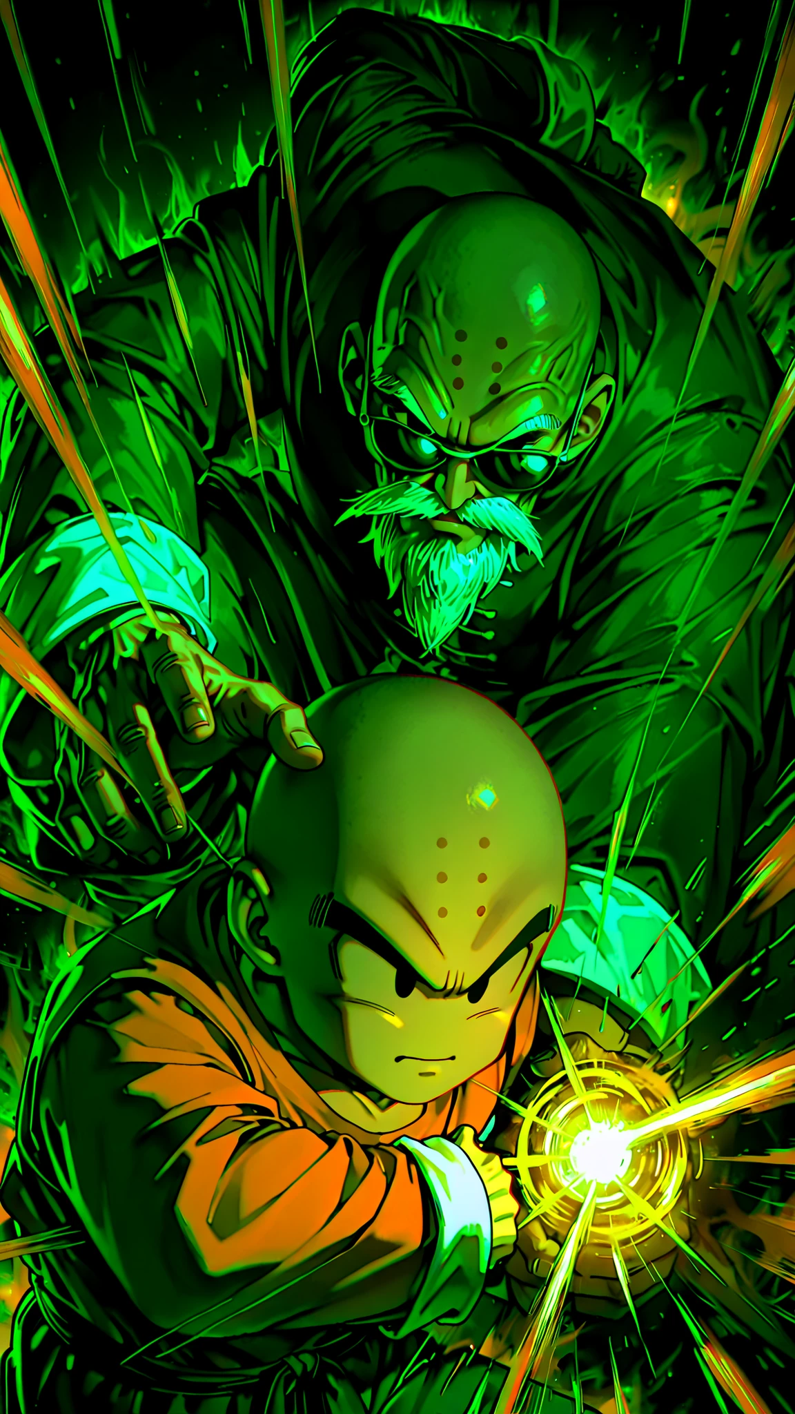 2man,(1man is mutenroshi, old man, bald, sunglasses, beard, mustache, chinese clothes, shirt, orange shirt, long sleeves,no forehead mark),break ,(the other is kuririn,1boy, bald, black eyes, no nose, no sclera, forehead mark),break,battle,dynamic motion,battle sean,aura