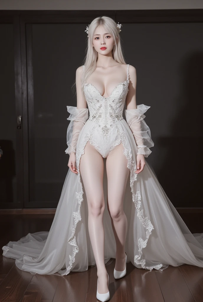 Meet her outside the door of the Cultivation Hall，She has a cold and elegant appearance，White clothes and white hair，Long and thin body，Plump breasts stand up，The corset opens，Large areas of milk meat are exposed，Attractive，a pair of long, Well-proportioned legs exposed under slit skirts。