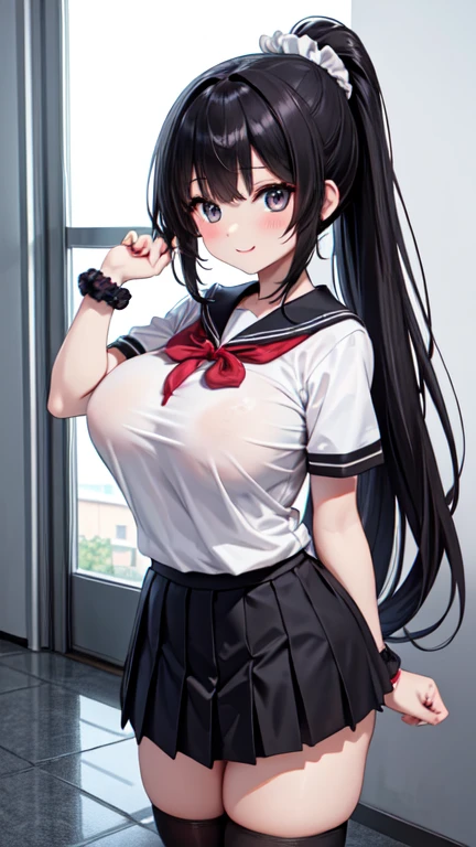 High resolution, Very detailed, perfect lighting, beautiful detailed eyes, ((masterpiece,Best Quality)), absurdities, alone, princess zelda, by the width, crown braid, Hair clip, pointy ears, Gloves without fingers, black gloves, smile, curves, nod, , deep neckline, deep neckline, black school uniform with white details,short skirt, visible underwear, pink thong, black uniform, black shirt with pink bow, touching her breasts in a sexy way, close up, Black hair, visible breasts, Close up, visible nipples, sitting, fringe hairstyle, fringe hairstyle, view from behind, big butt