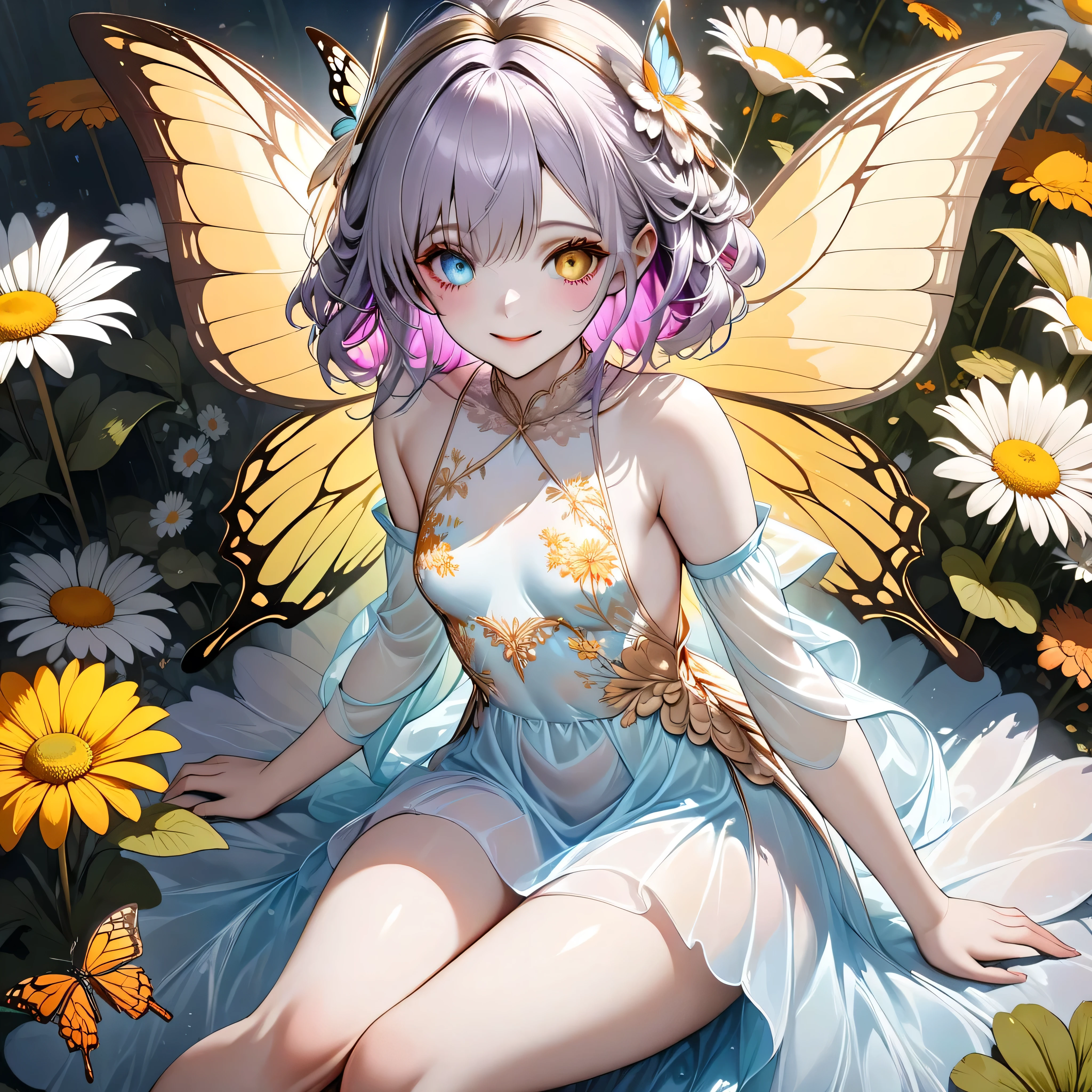 (Top quality, 8K, highest resolution, masterpiece, ultra-realistic)), ((Heterochromia, golden eyes, silver eyes)), ((Sitting with legs stretched out on a huge single daisy flower)), ((Odd-eyed fairy high school girl)), ((Heterochromia, golden eyes, silver eyes)), ((Sparkling, detailed eyes)), (Eyes with attention to detail), ((Crystal eyes)), (Long wavy platinum and purple hair), Princess cut, ((Translucent, shining white skin)), Glowing skin, Pure white skin, ((Small breasts)), (Anatomically accurate), ((Five fingers, detailed depiction down to the fingertips)), ((Backless pink silk dress with floral embroidery) ((wearing a beautiful dress)), ((sitting with her legs stretched out on a huge daisy flower)), ((large, colorful swallowtail butterfly wings on either side of her back)), ((a beautiful cluster of huge flowers)), ((from above, looking down at the upper body)), ((a huge daisy flower enveloping her)), swallowtail butterfly wings, smiling face, very beautiful, wonderful, super fantastical, full of huge, beautiful flowers