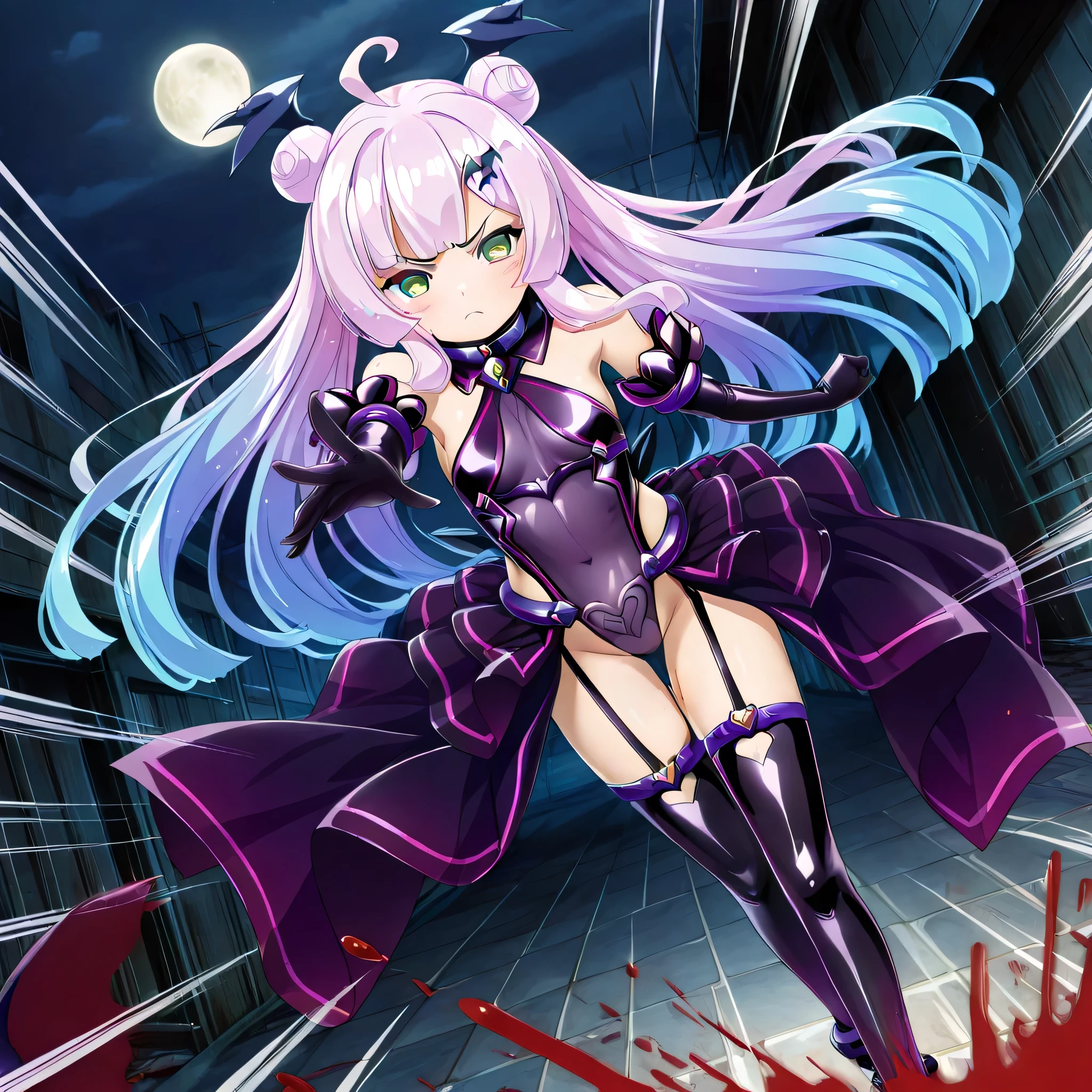 ((Masterpiece))), (((Best Quality))), ((Super Detail)), ultra-High resolution, score_9,score_8_up,score_7_up,score_6_up,score_5_up,score_4_up, BREAK, source_anime, anime screencap, uncensored, rating_explicit, Masterpiece, (absurdres), (detailed background), (very aesthetic), detailed beautiful eyes, outstanding, countershading, detailed soft lighting, an exquisite animation illustration, curvy, highres, lusterise, dark persona, purple eyes, very long hair, covered navel, showgirl skirt, thighhighs, elbow gloves, garter straps, (((solo, 1girl))), hair ornament, pose, submissive pose, anime style, anime coloring, animification, megami magazine, pose, small , puniru \(puniru wa kawaii slime\), pink hair, blue hair, multicolored hair, double bun, long hair, green eyes, apocalyptic, ruin, , blood splatter, night, serious, angry, fighting, fighting stance, dynamic pose, action pose, dynamic angle, cinematic angle, dutch angle, standing, full body, incoming attack, speed line, motion line, foreshortening, attack