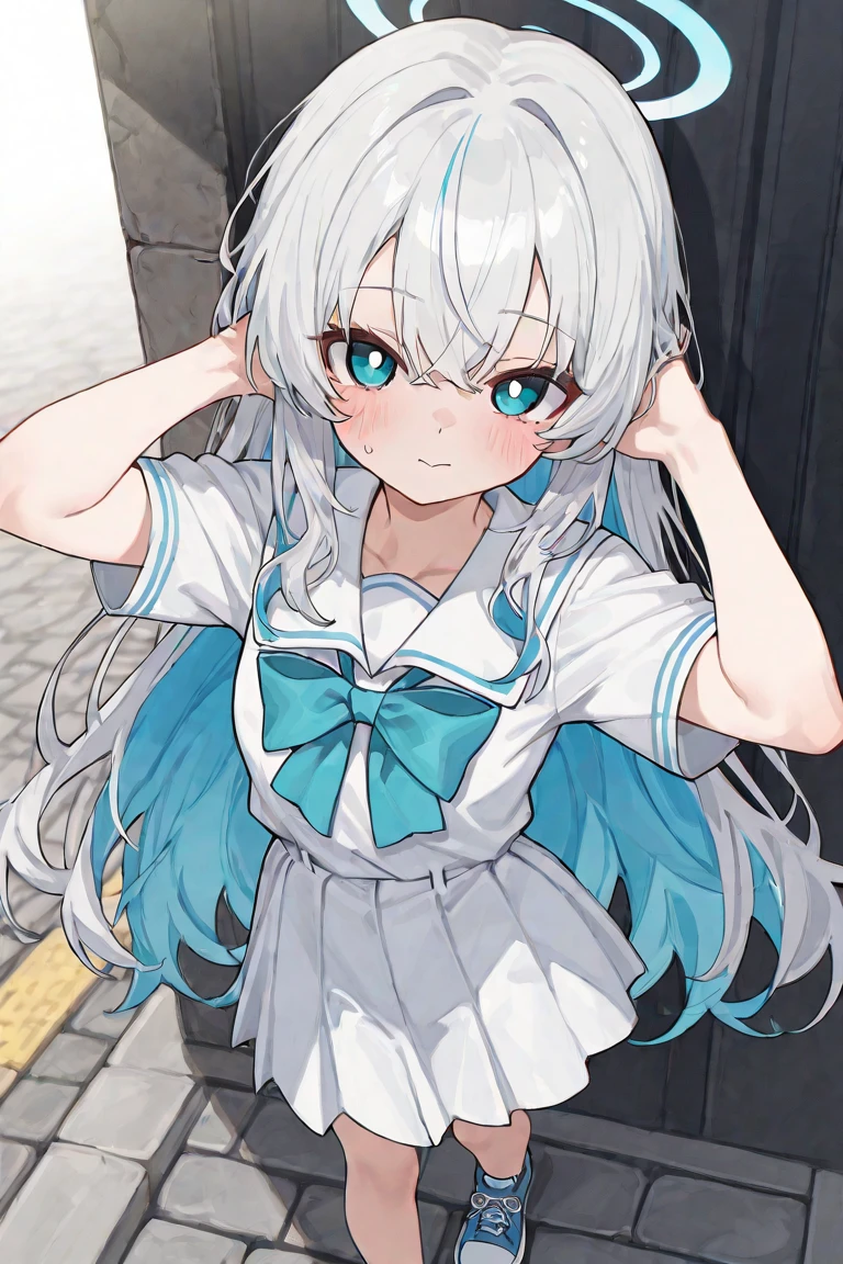 Beautiful anime girl with distinctive silver-white long hair with multicolored streaks (pink, orange, blue highlights), Large, round, droopy eyes with beautiful black pupils with gentle innocent look, wearing blue and white summer dress or school uniform style outfit, yellow accessories, blue sneakers, youthful face with slight blush on cheeks, standing pose with hand near head in thoughtful gesture, bright sunny outdoor setting with stone pavement, soft natural lighting, high-quality anime art style with detailed character design, unique multicolored hair as signature feature、色々な表情
``` ### **🌟 キャラクター・プロファイル** **名前:** シルヴィア・レインボウ(Sylvia Rainbow)
**年齢:** 16歳
**身長:** 155cm
**性格:** 明るく好奇心旺盛、少し天然だが芯が強い ### **💫 特別な能力・設定** **虹色の髪の秘密:**
- 感情や季節によって髪の色彩が変化する
- 喜びの時:ピンクとオレンジが強く輝く
- 悲しみの時:ブルーとグレーが際立つ
- 怒りの時:レッドとゴールドが燃える
- 平静な時:シルバーベースに全色が調和 **特殊能力:**
- **色彩共感力**:人の感情を色として感じ取る
- **虹の架け橋**:困った人と人を繋ぐ不思議な力
- **天候感知**:髪の色で天気を予知できる ### **🎭 多面的な展開プロンプト集** **日常シーン:**